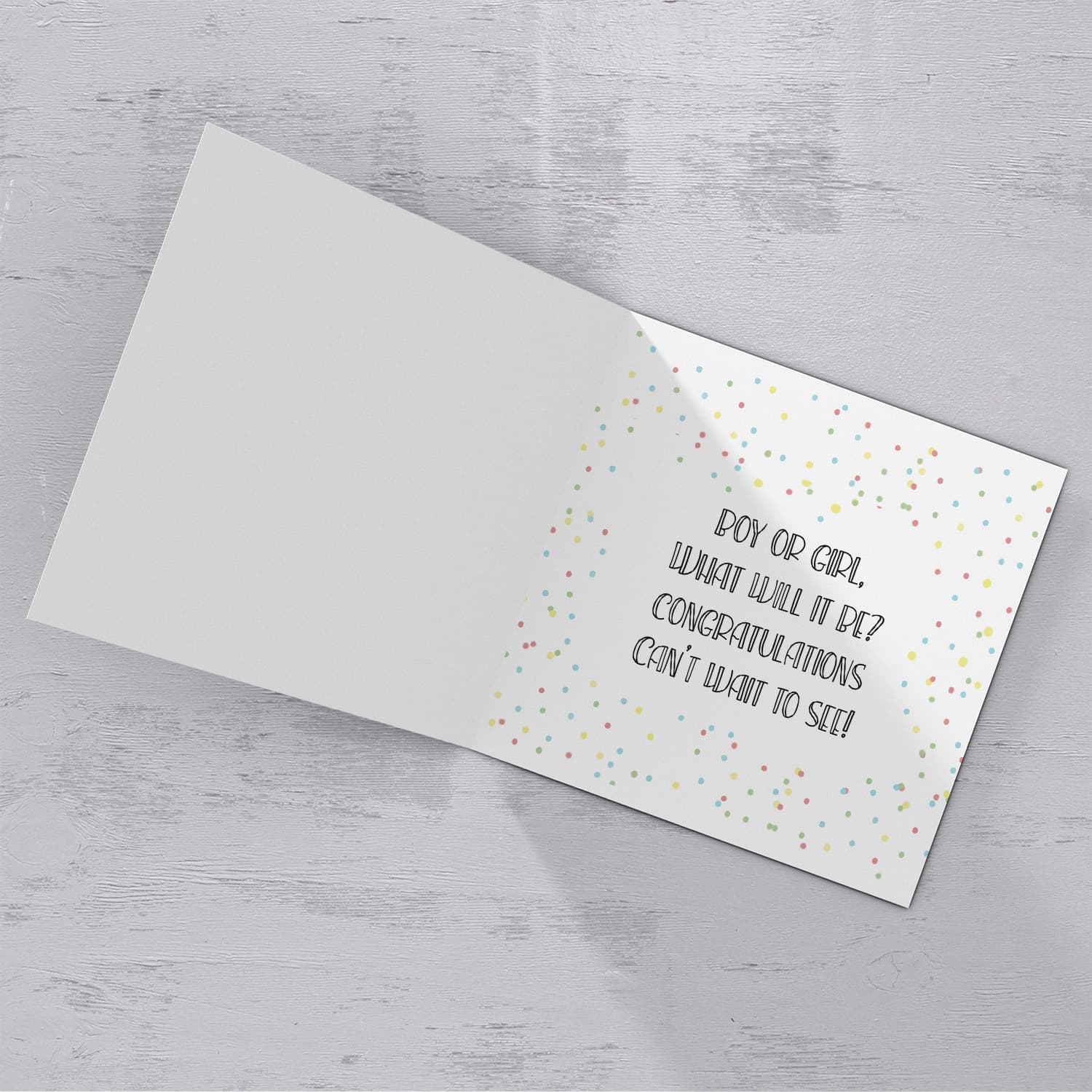 Rainbow themed baby shower card - he or she what will it be? in English