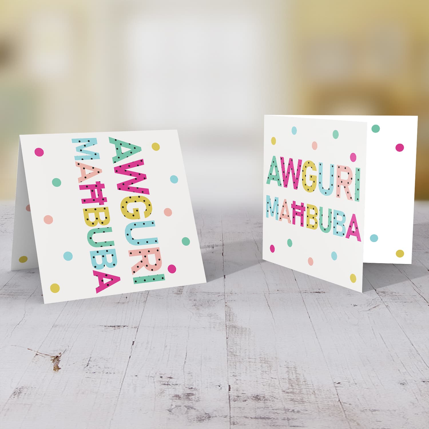 Colourful text with polka dots - Awguri maħbuba  card for wife / girlfriend / partner in Maltese