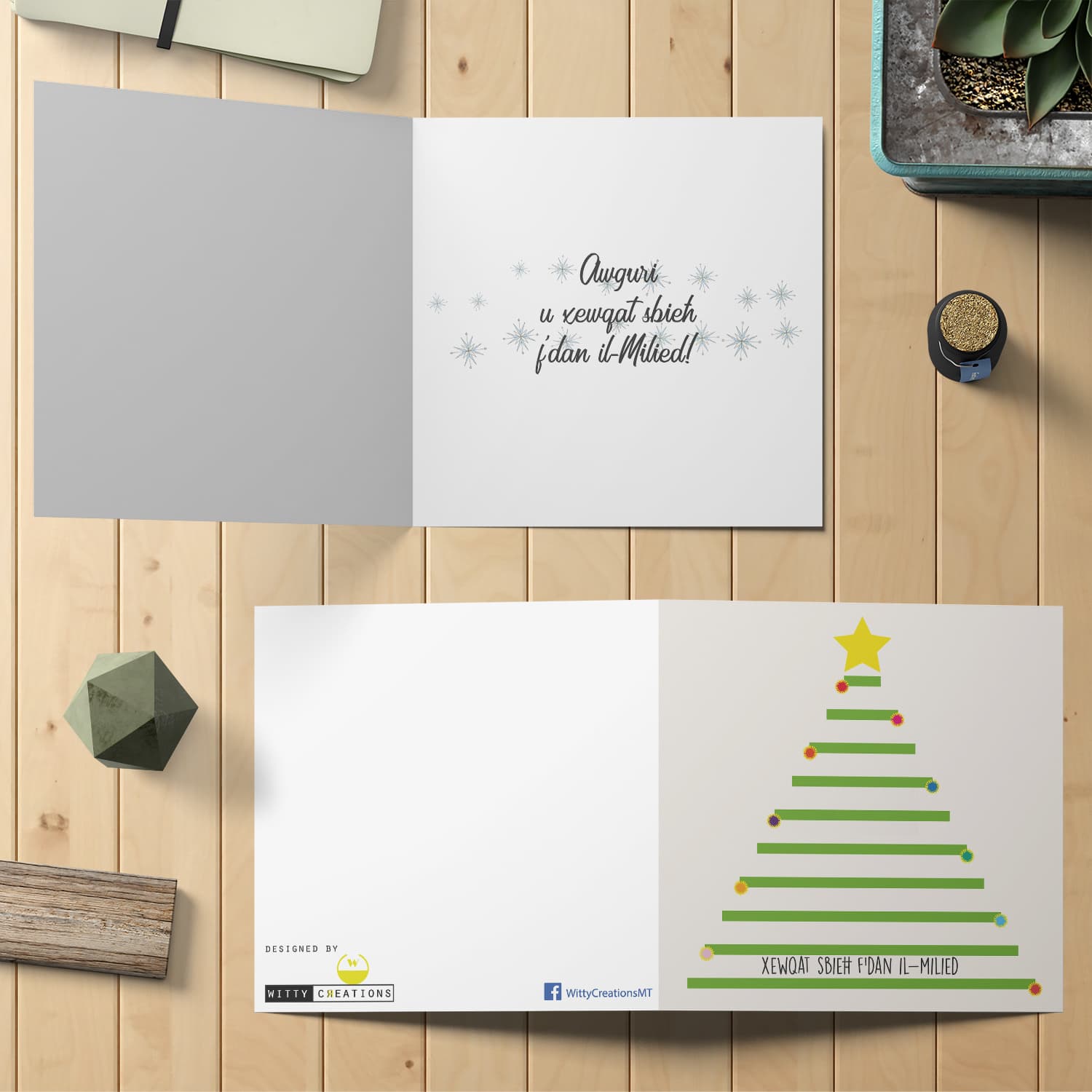 Line Christmas tree themed Christmas card in Maltese