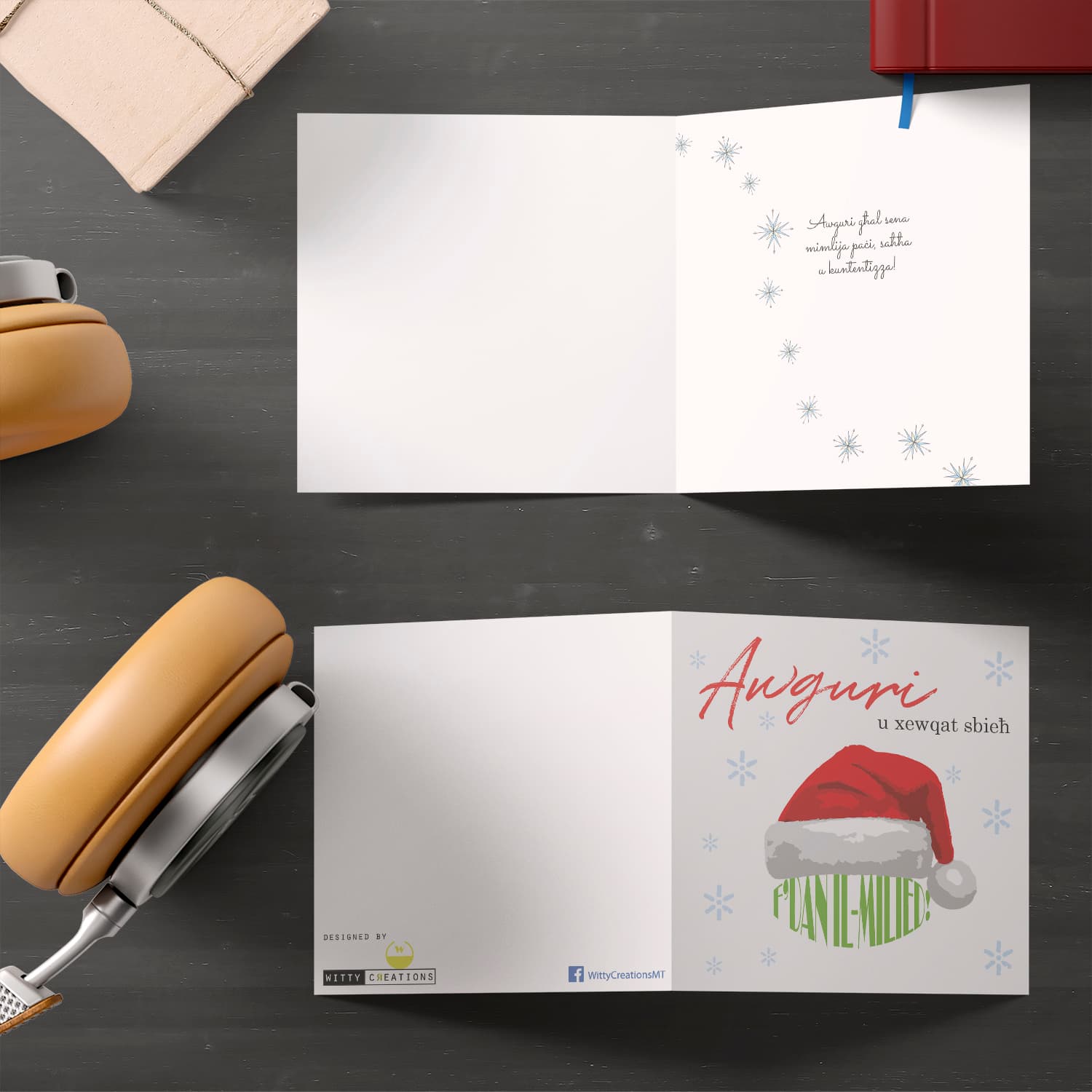 Santa's hat themed Christmas card in Maltese