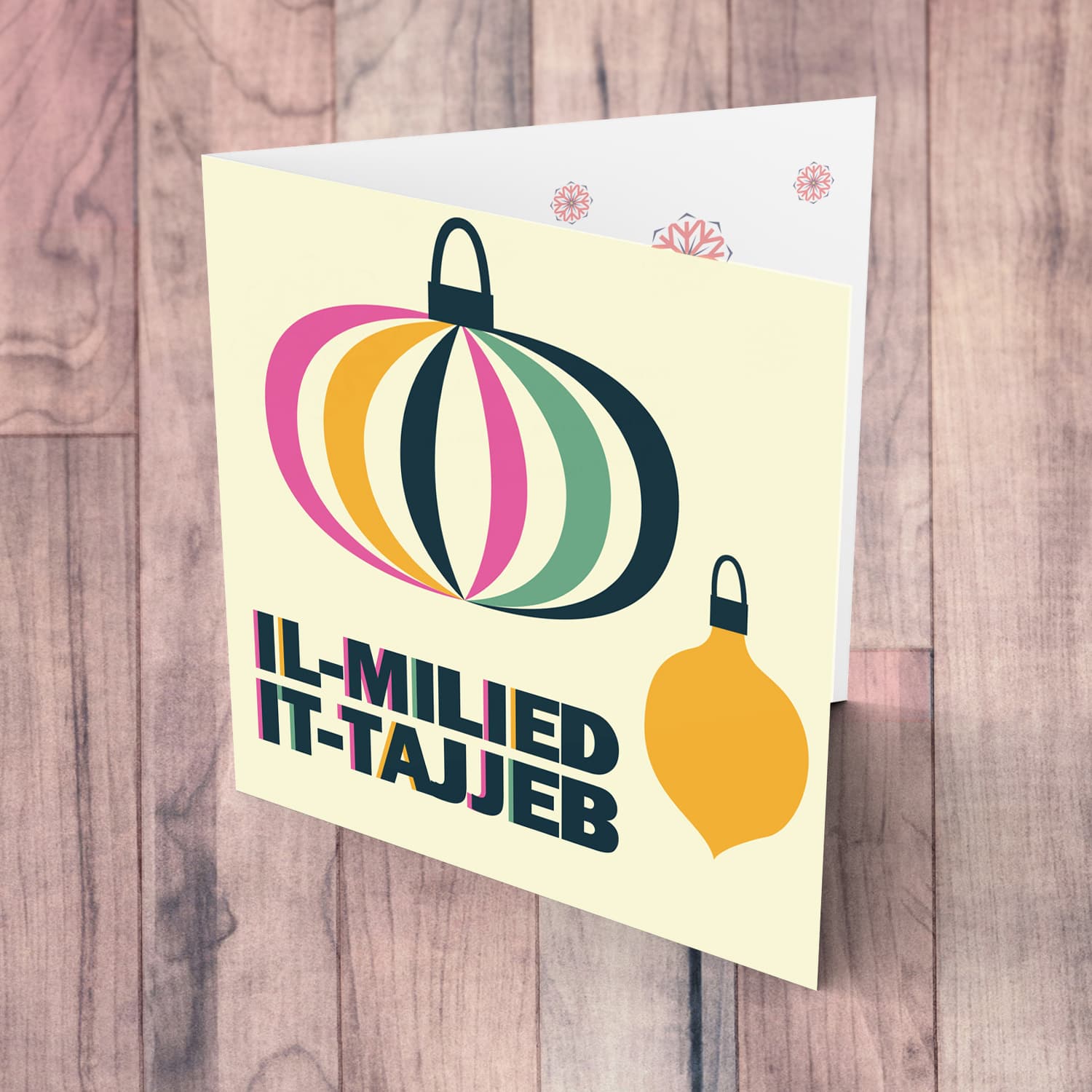 Colourful bauble Christmas card in Maltese