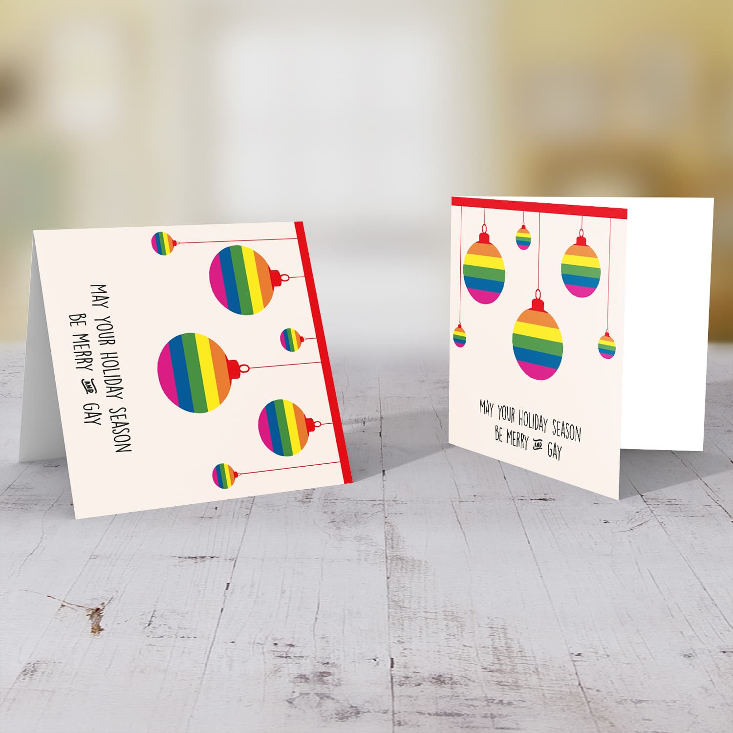 Rainbow hanging baubles Christmas card in English