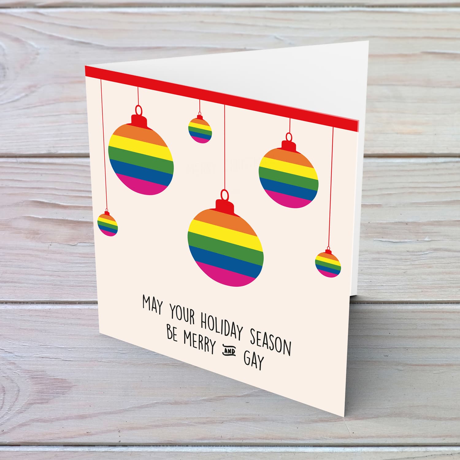 Rainbow hanging baubles Christmas card in English