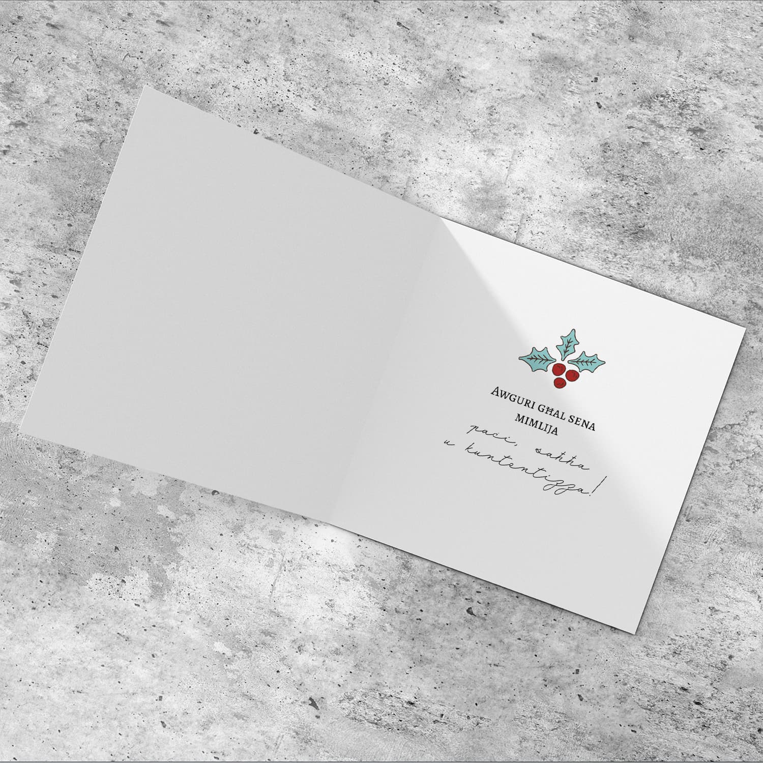 Christmas holly, scattered snow, and light background Christmas card in Maltese