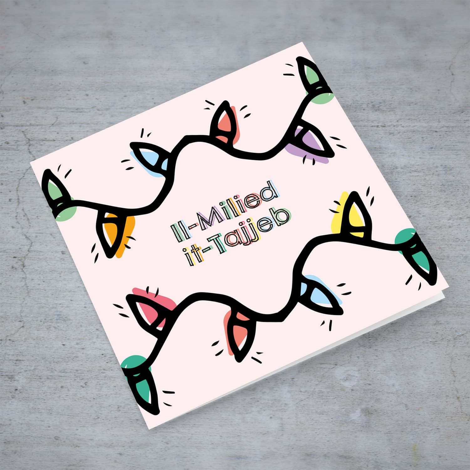 Colourful lightbulb themed christmas card in Maltese