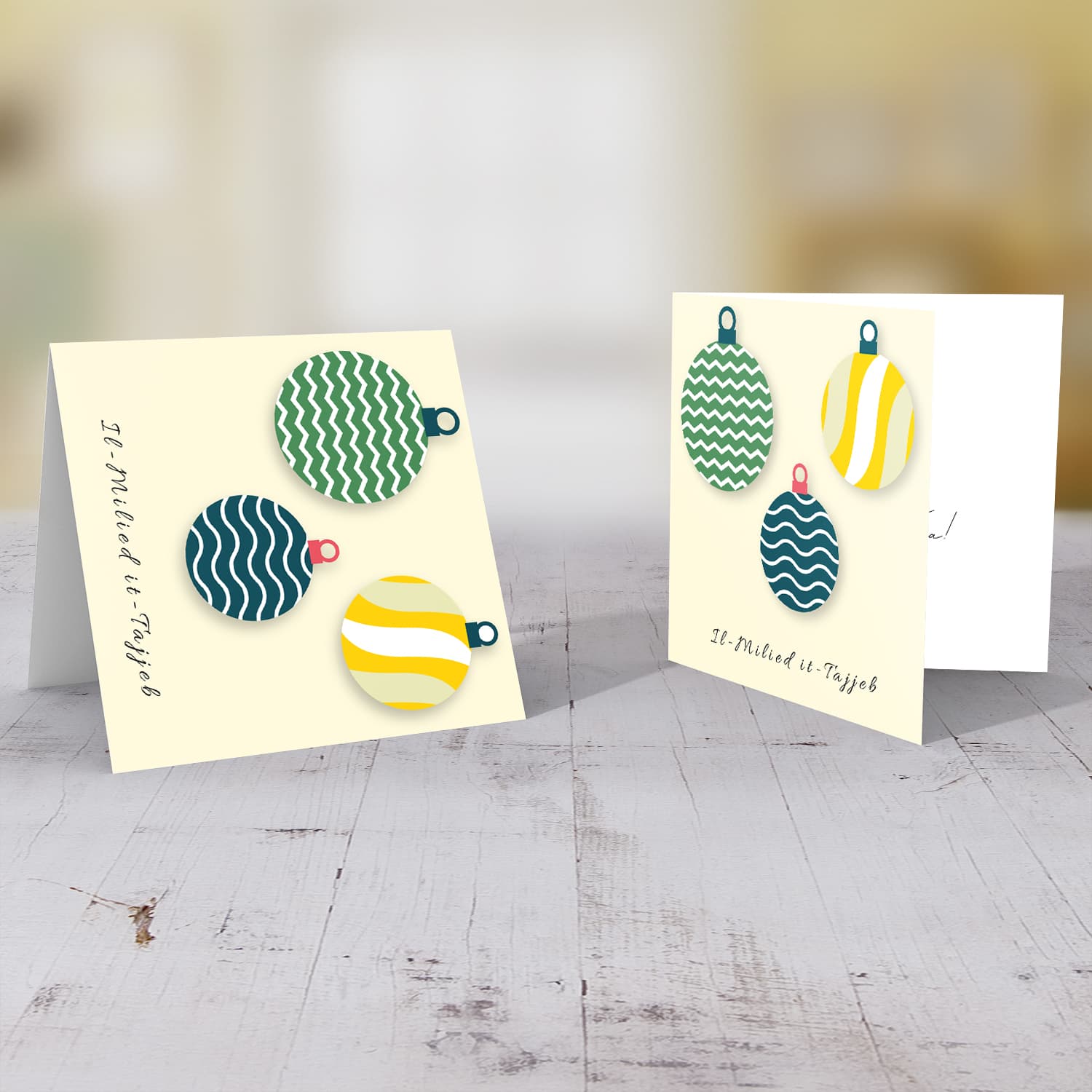 Three baubles with different patterns Christmas card in Maltese