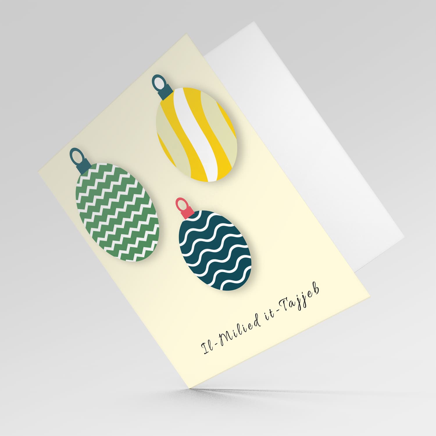 Three baubles with different patterns Christmas card in Maltese