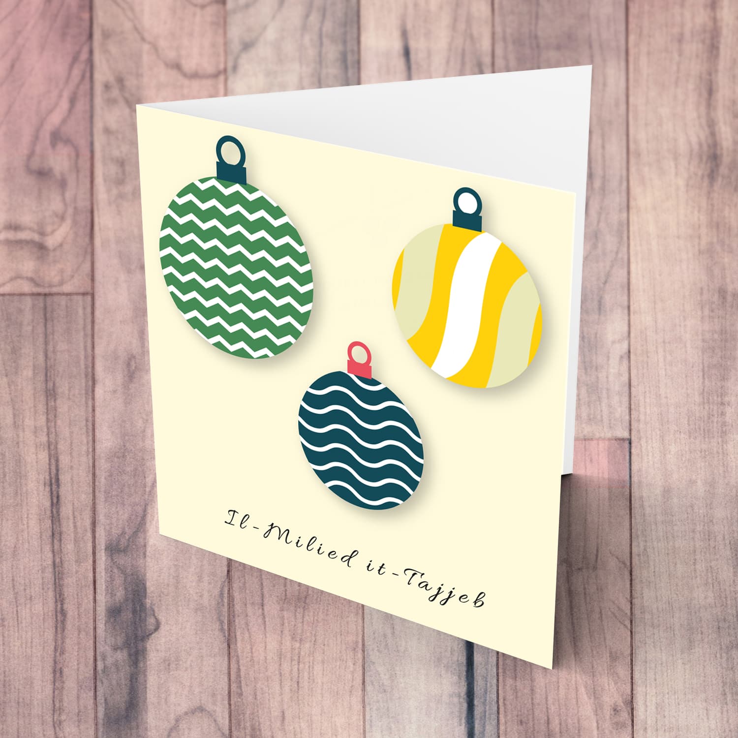 Three baubles with different patterns Christmas card in Maltese