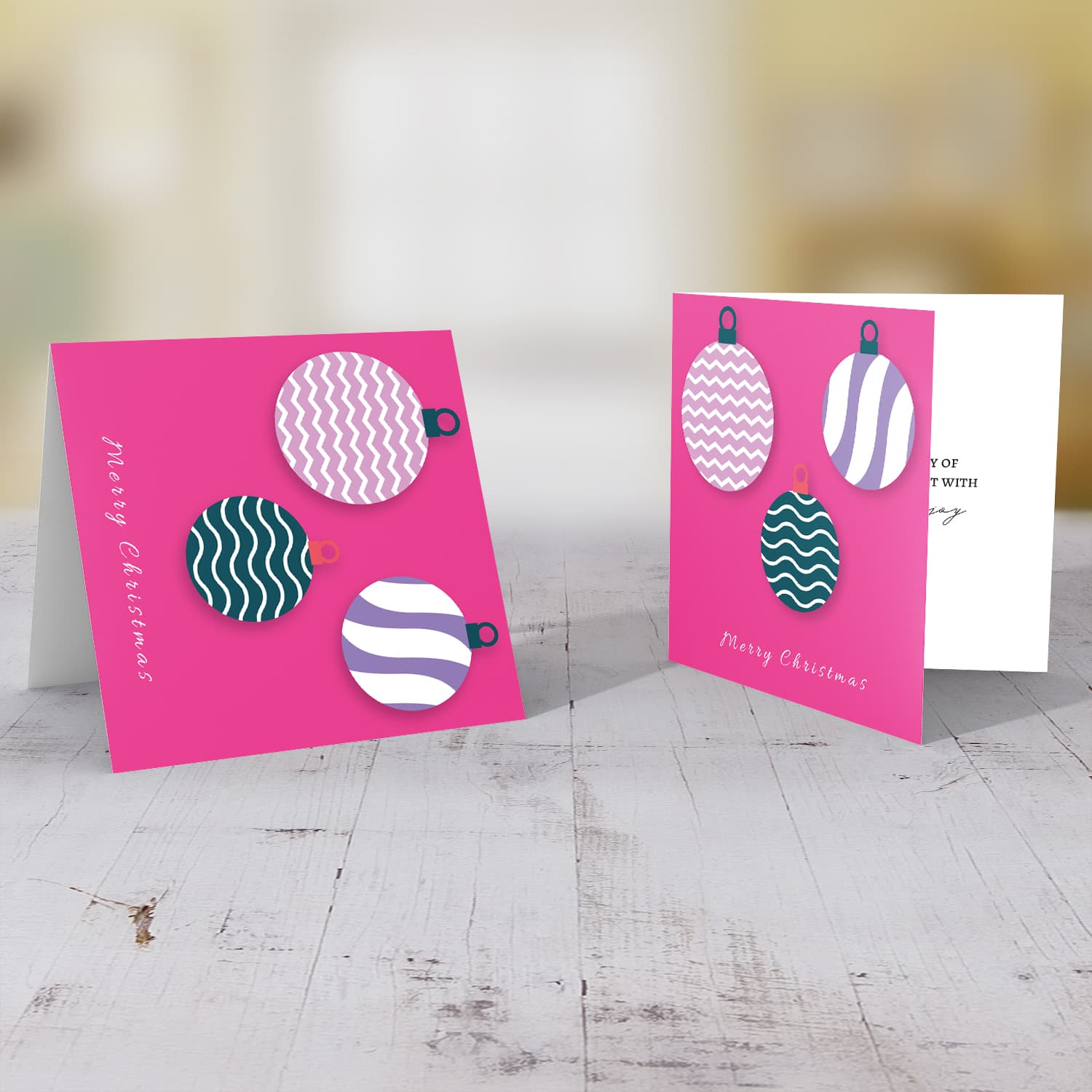 Bright fuchsia background Christmas bauble card in English 