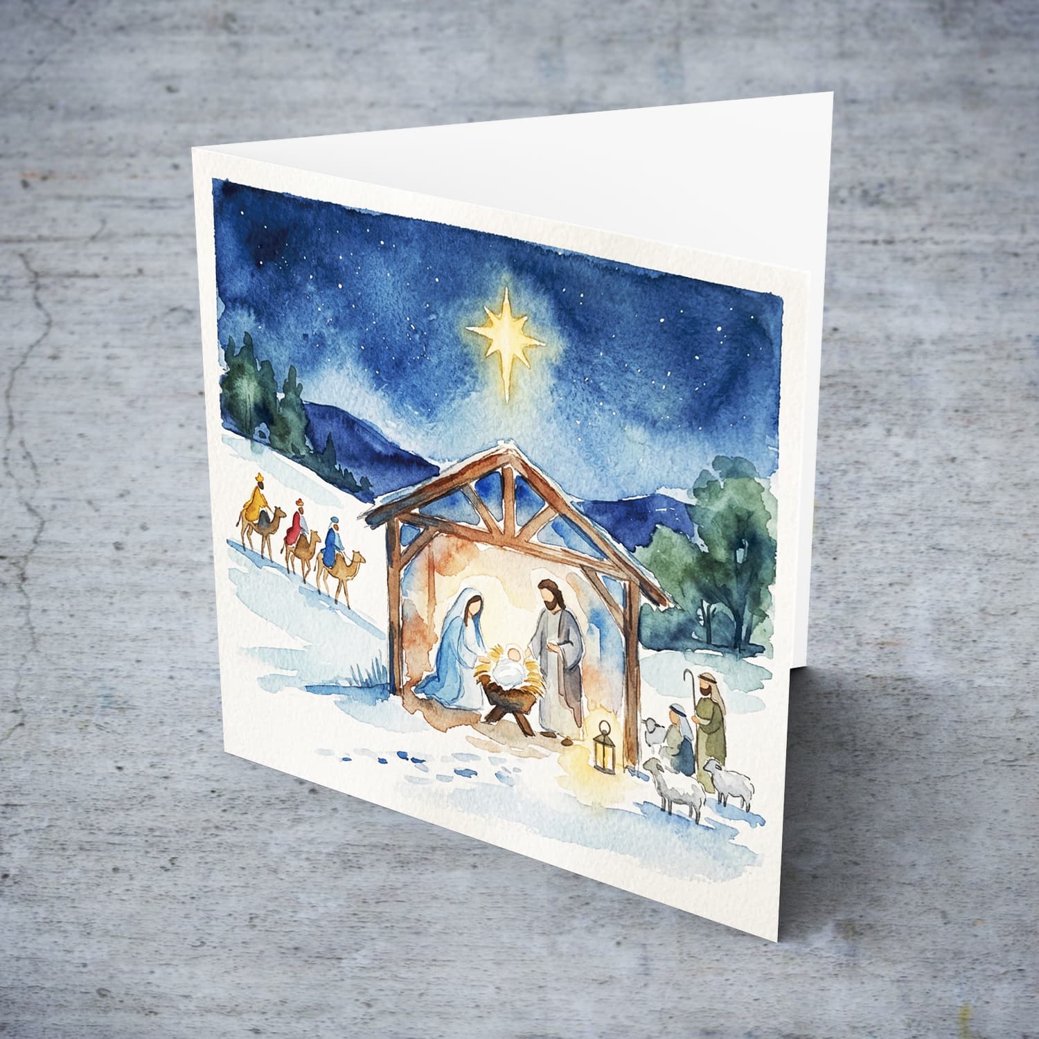 A beautiful minimalist watercolour nativity scene greeting card in Maltese