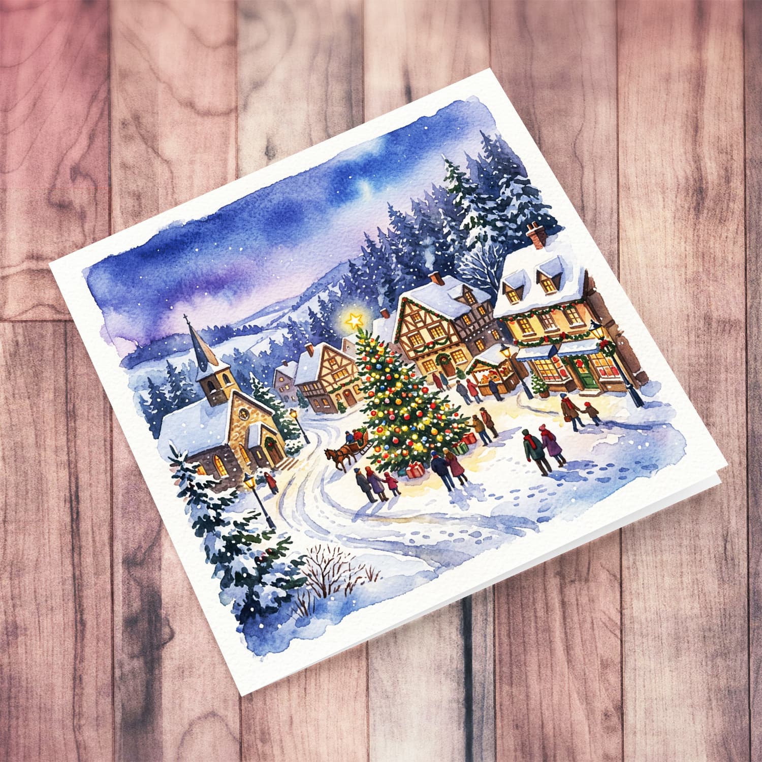 A beautiful Christmas village card featuring a big decparted Christmas tree in Maltese