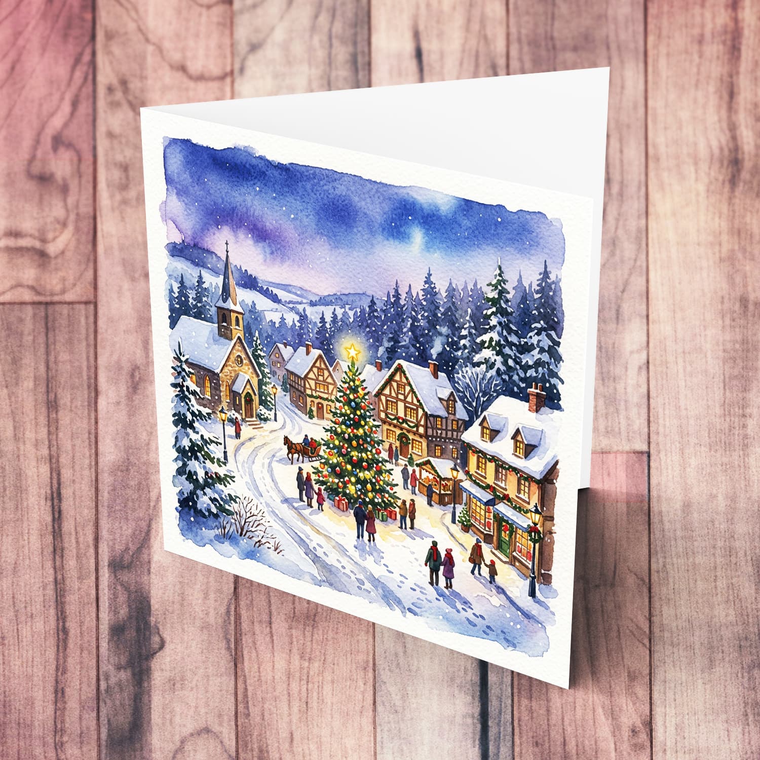 A beautiful Christmas village card featuring a big decparted Christmas tree in Maltese