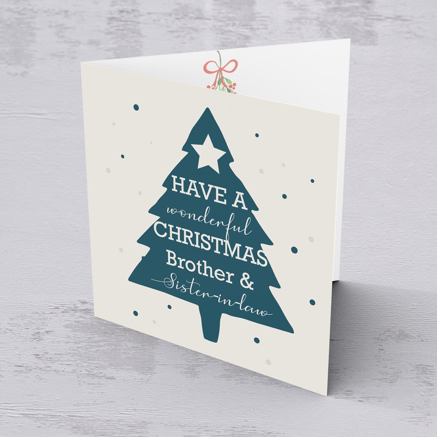 Green Christmas tree card with scattered snow Christmas card for brother and sister-in-law in English
