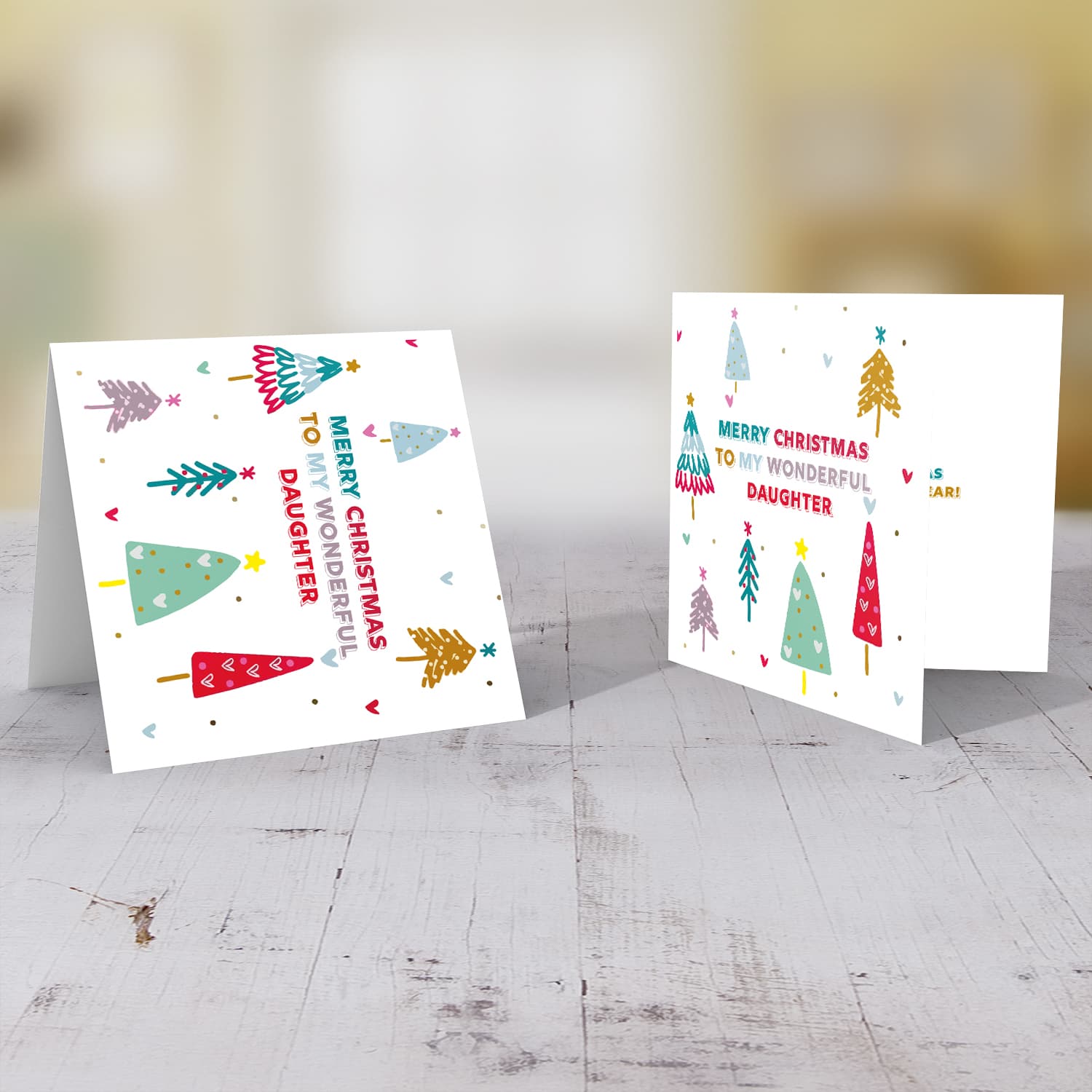 Daughter - Colourful christmas trees Christmas card for daughter in English