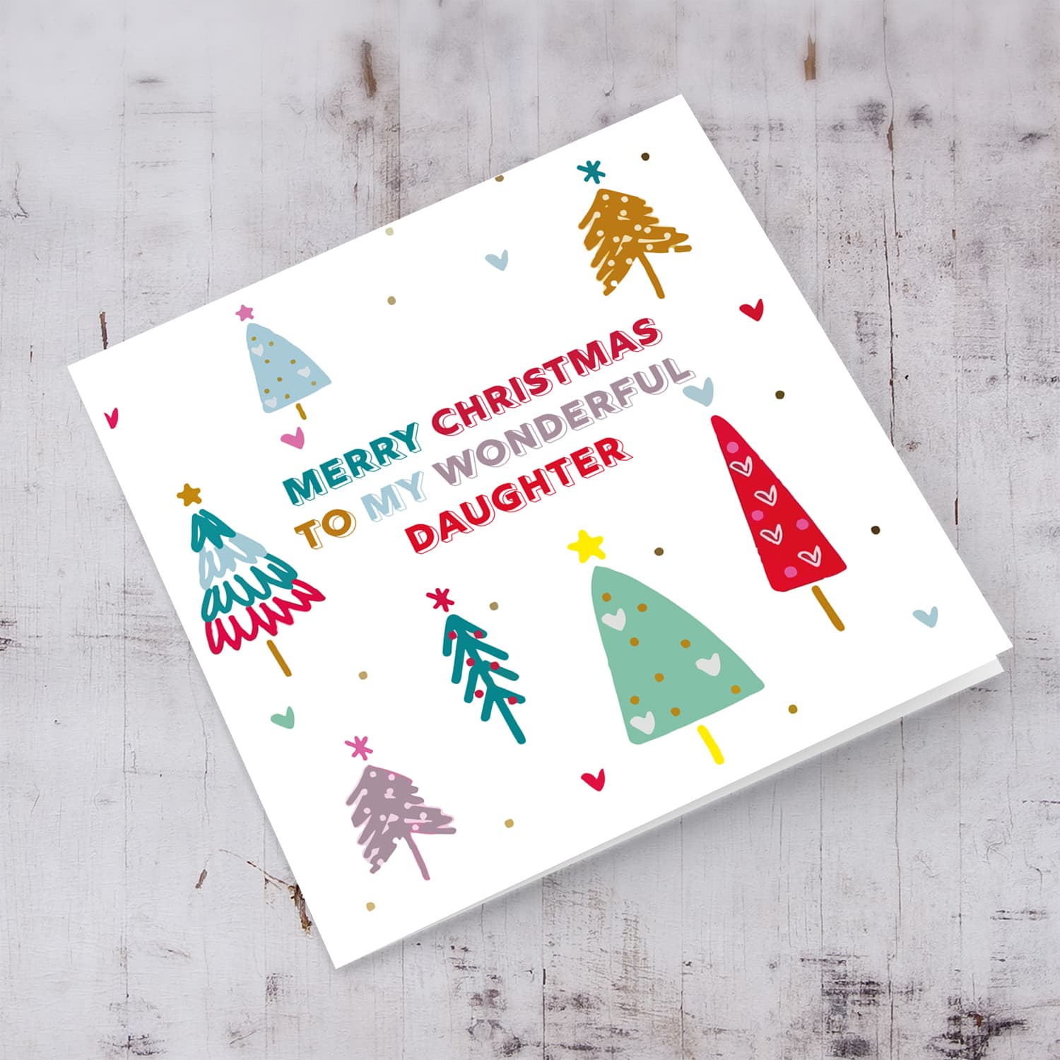 Daughter - Colourful christmas trees Christmas card for daughter in English