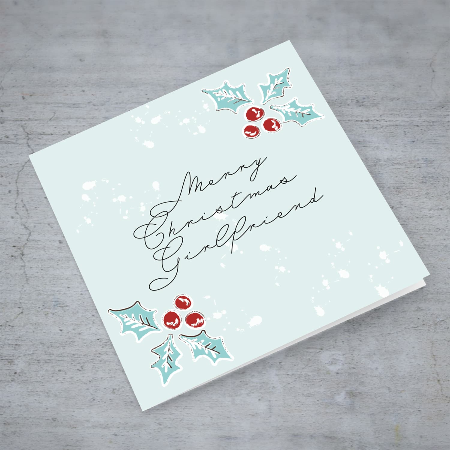 Girlfriend - Christmas holly, scattered snow, and light background Christmas card for girlfriend in English
