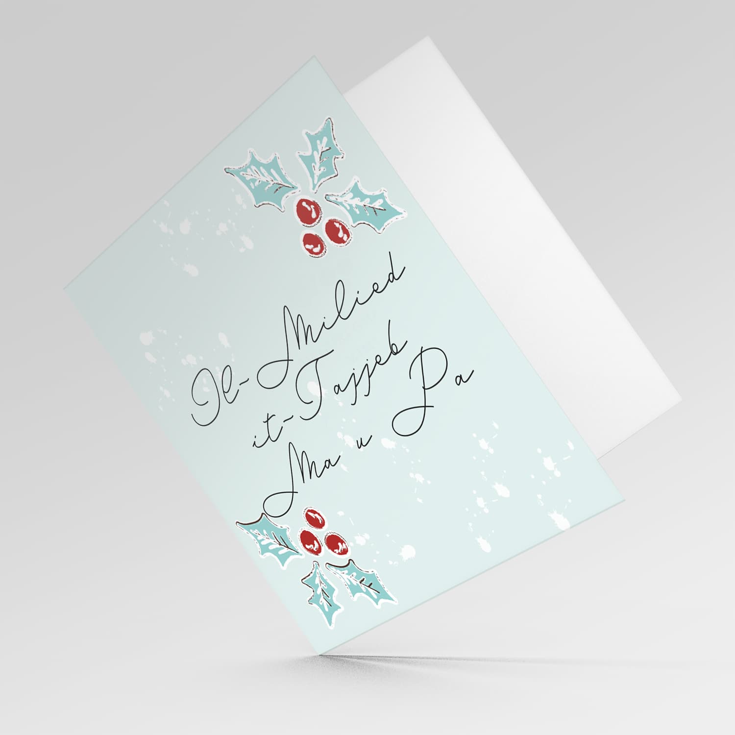 Parents - Christmas holly, scattered snow, and light background Christmas card for your parents in Maltese