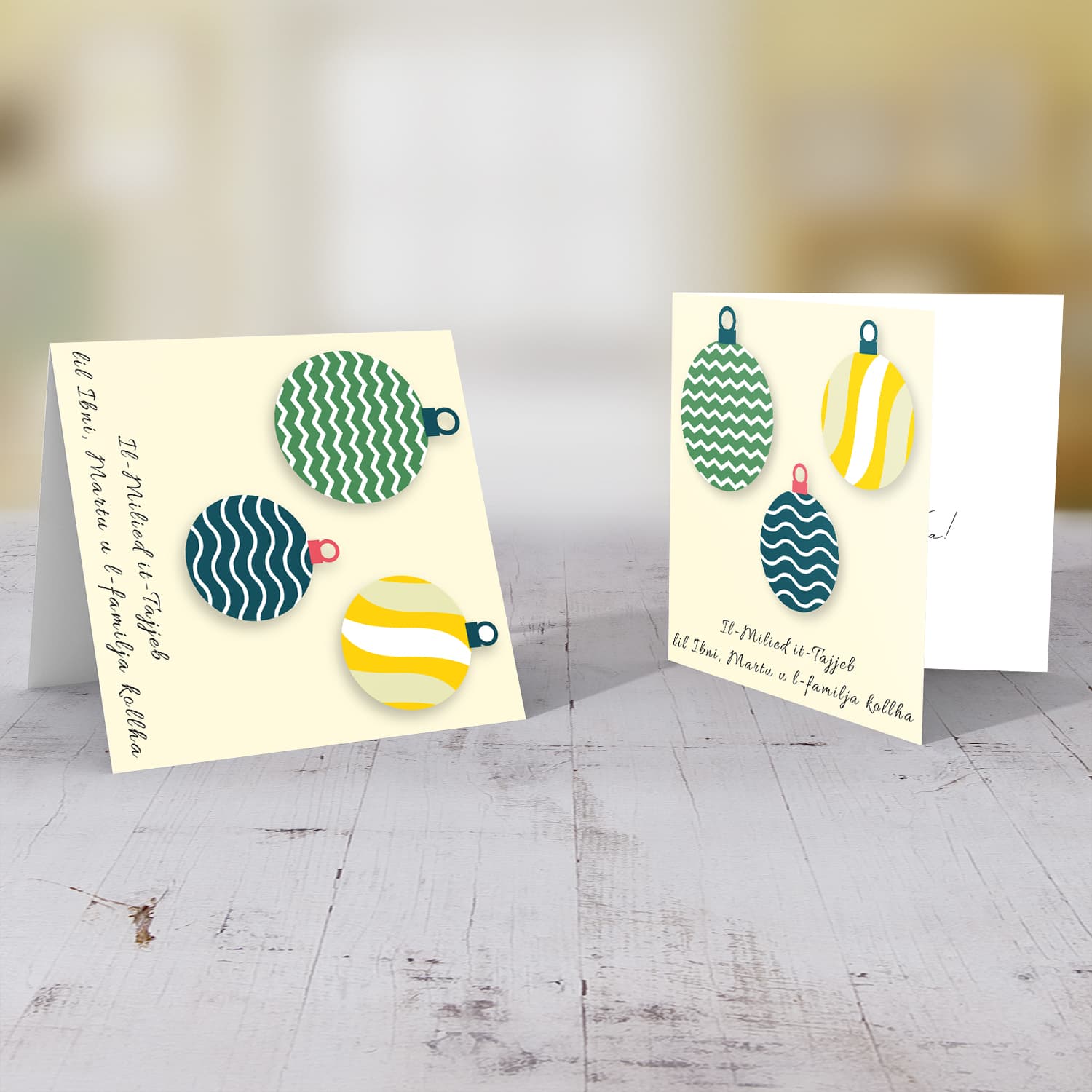 Son & Family - Three baubles with different patterns Christmas card for Son, his wife all all the family in Maltese