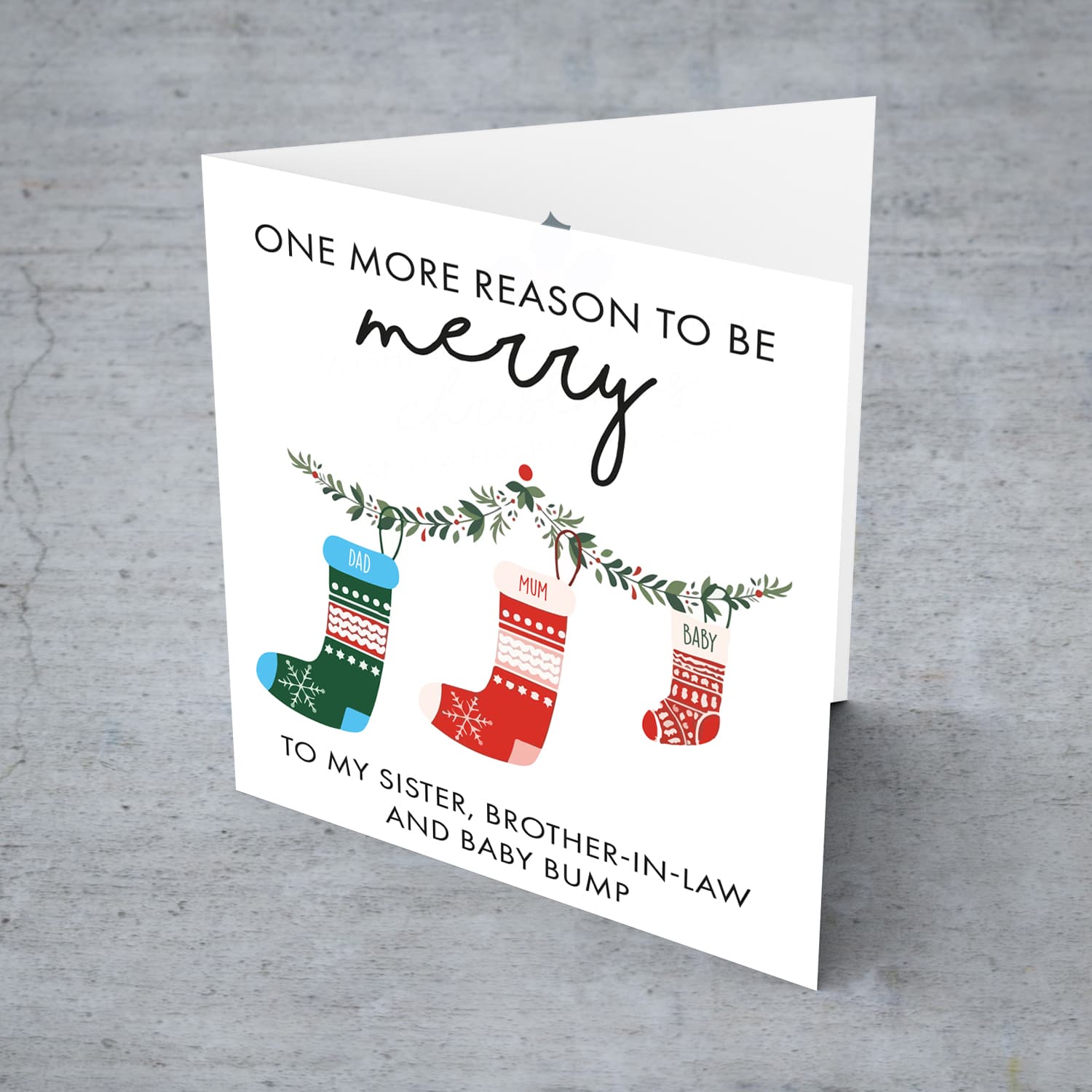 Baby Announcement - One more reason to be merry - sister, brother in law and baby bump in English
