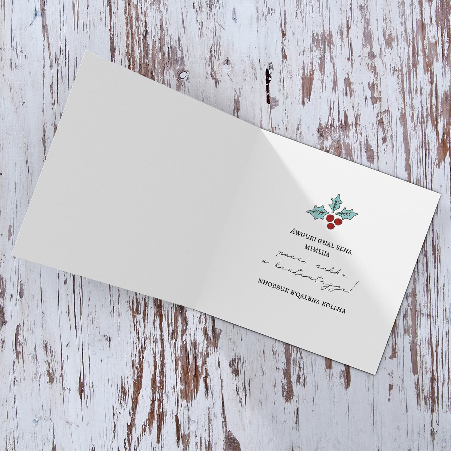 Great-Grandma - Christmas holly, scattered snow, and light background Christmas card for Great-grandma in Maltese