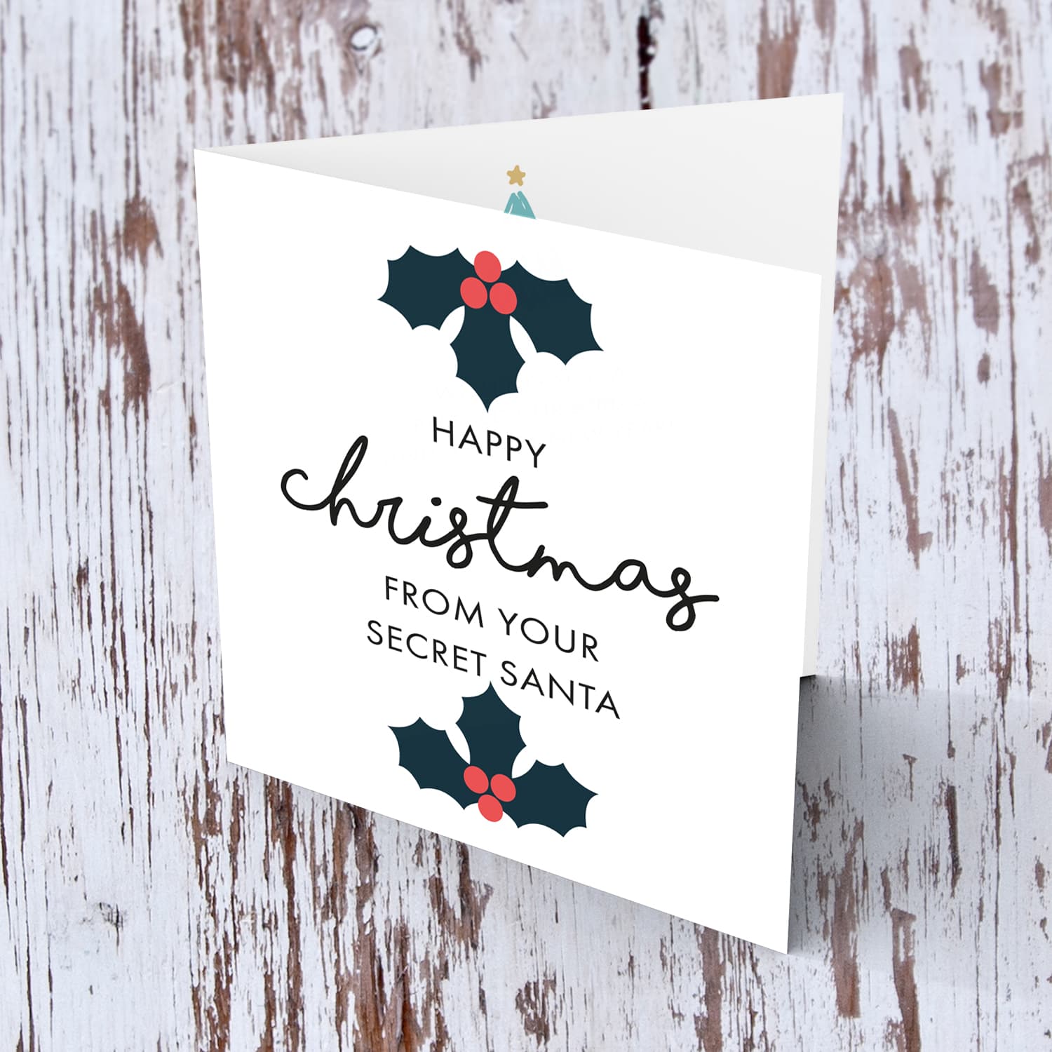 Minimalist Christmas card with hollies - Secret Santa in English