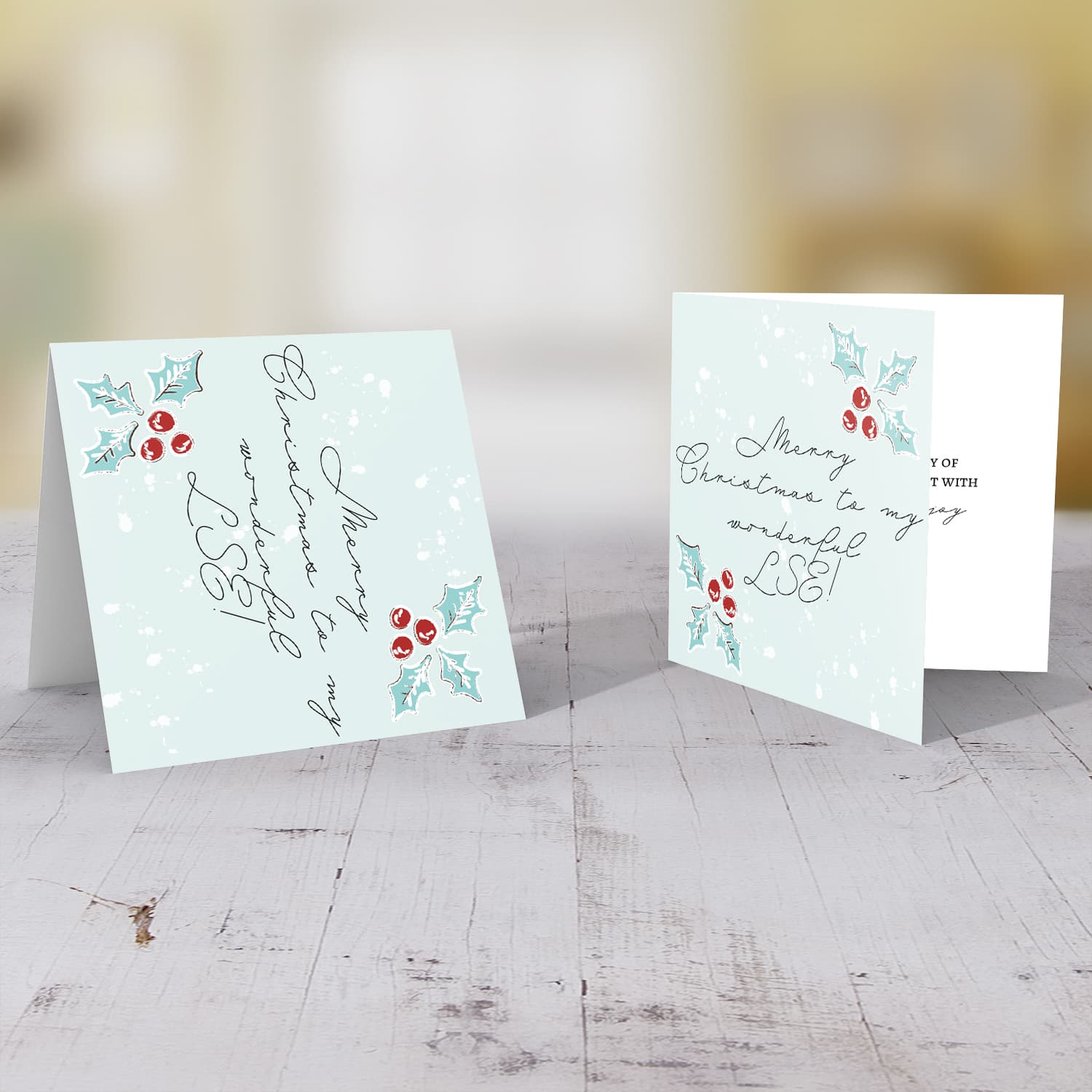 L.S.E. - Christmas holly, scattered snow, and light background Christmas card for your LSE in English