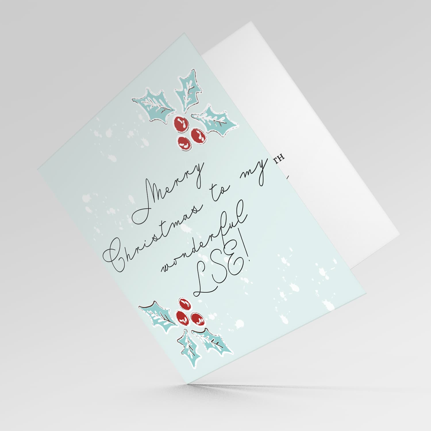 L.S.E. - Christmas holly, scattered snow, and light background Christmas card for your LSE in English