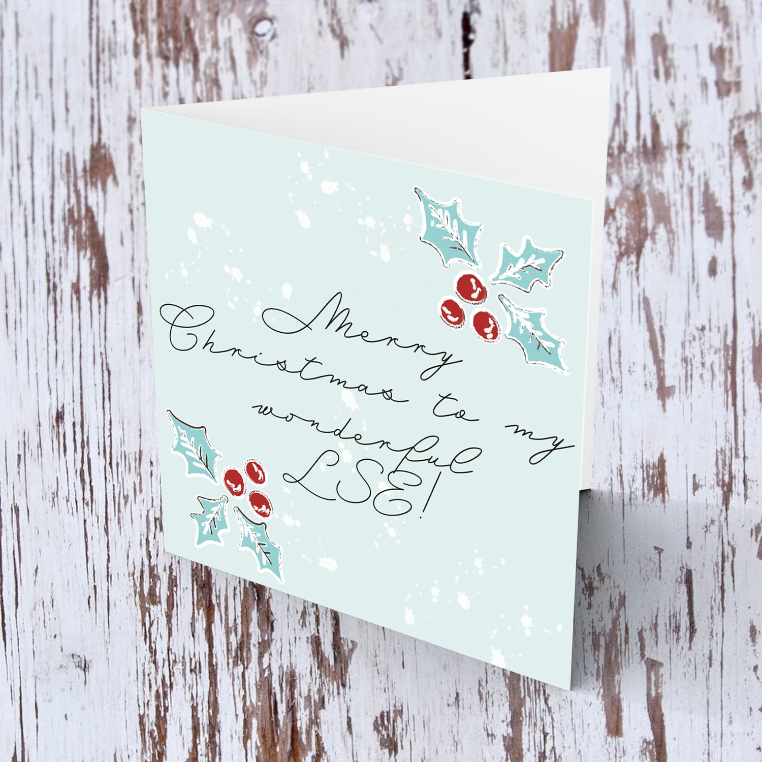 L.S.E. - Christmas holly, scattered snow, and light background Christmas card for your LSE in English