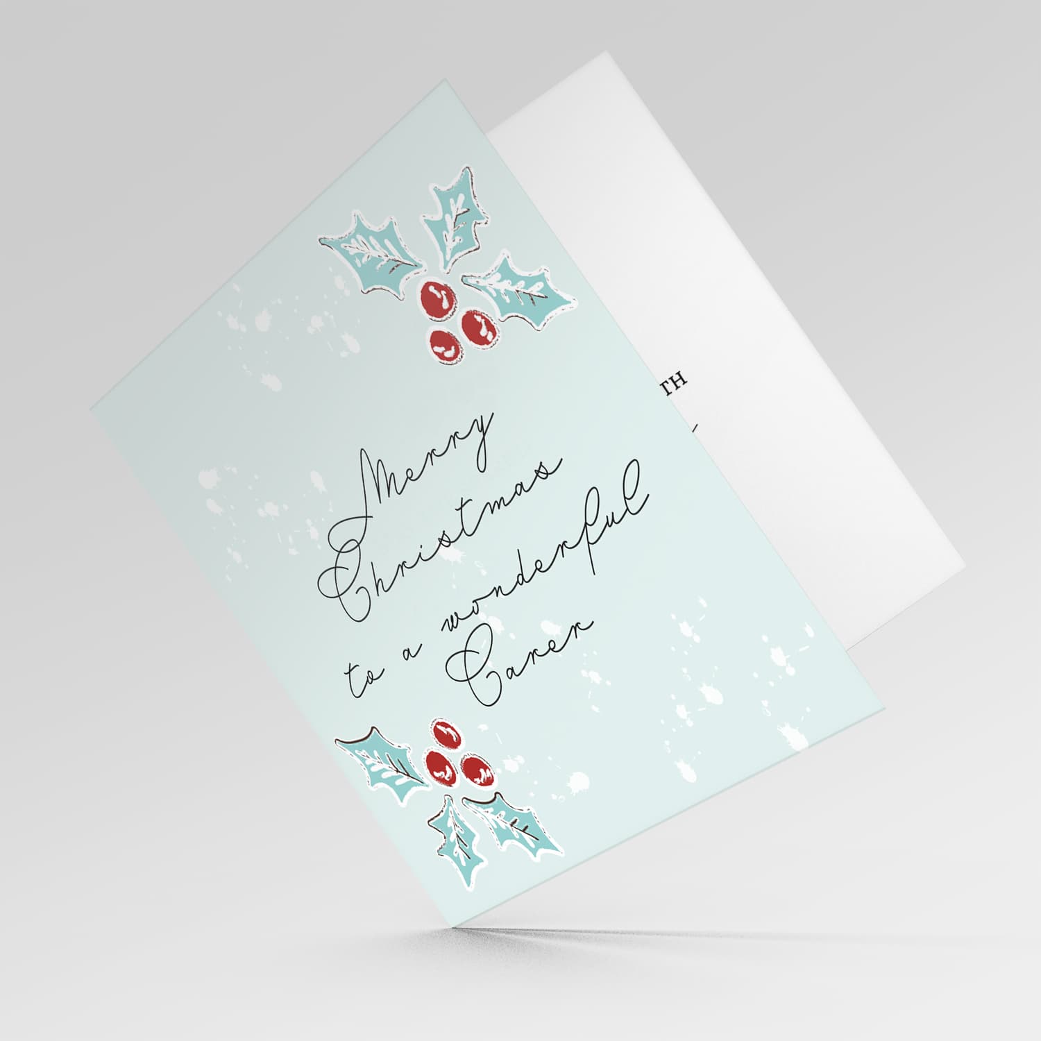 Carer - Christmas holly, scattered snow, and light background Christmas card for a wonderful carer in English