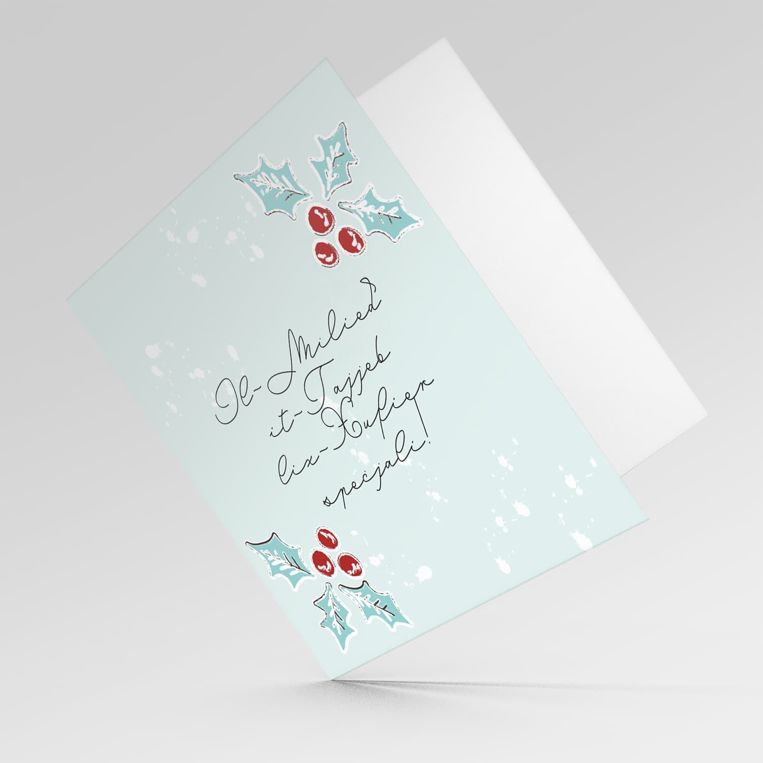 Christmas holly, scattered snow, and light background Christmas card in for a special school driver (MALE) Maltese