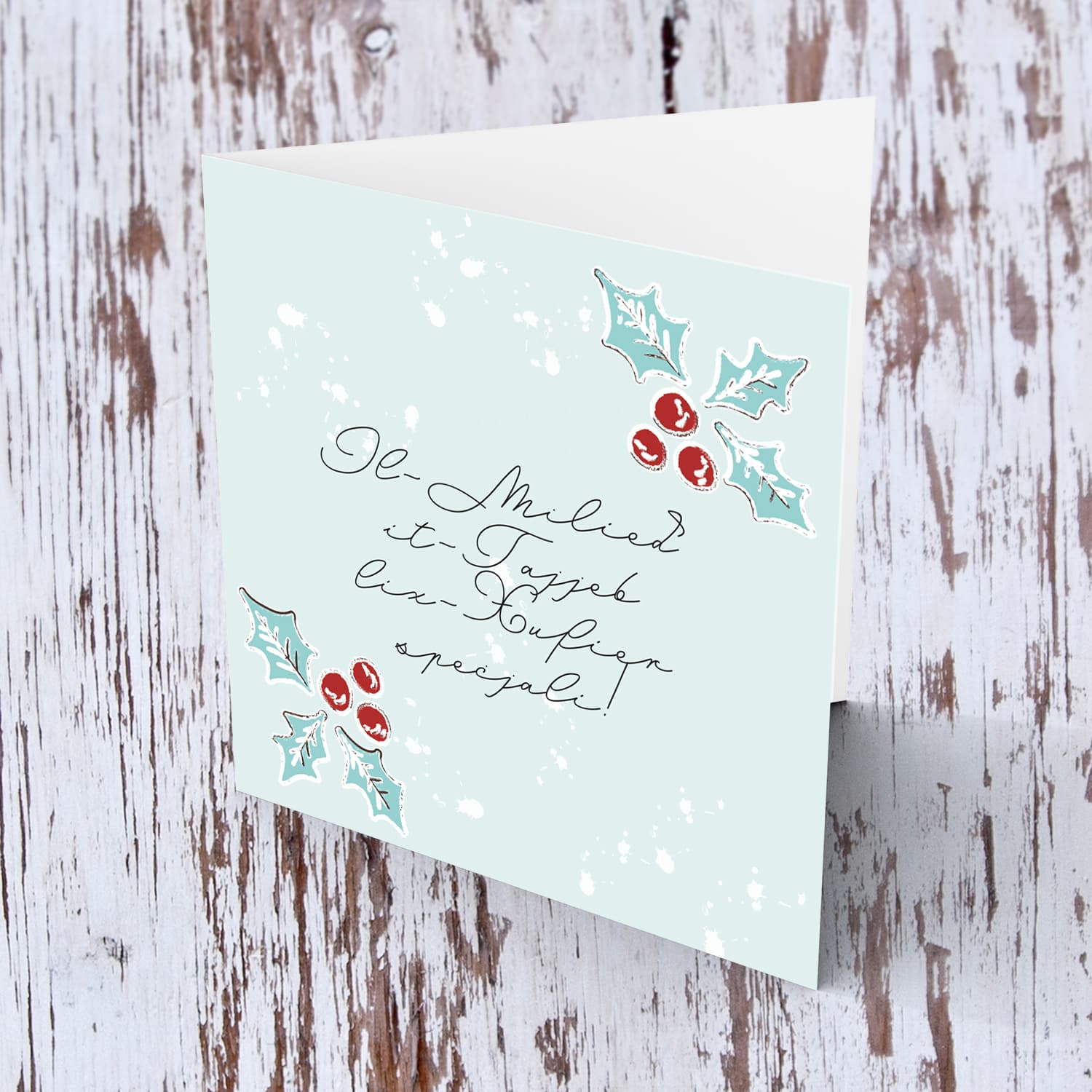Christmas holly, scattered snow, and light background Christmas card in for a special school driver (MALE) Maltese