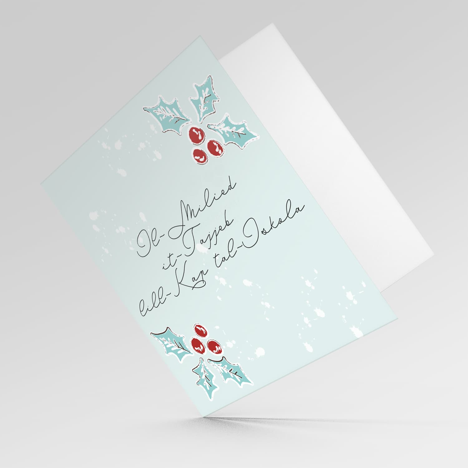 Head of School - Christmas holly, scattered snow, and light background Christmas card in for the Head of School in Maltese