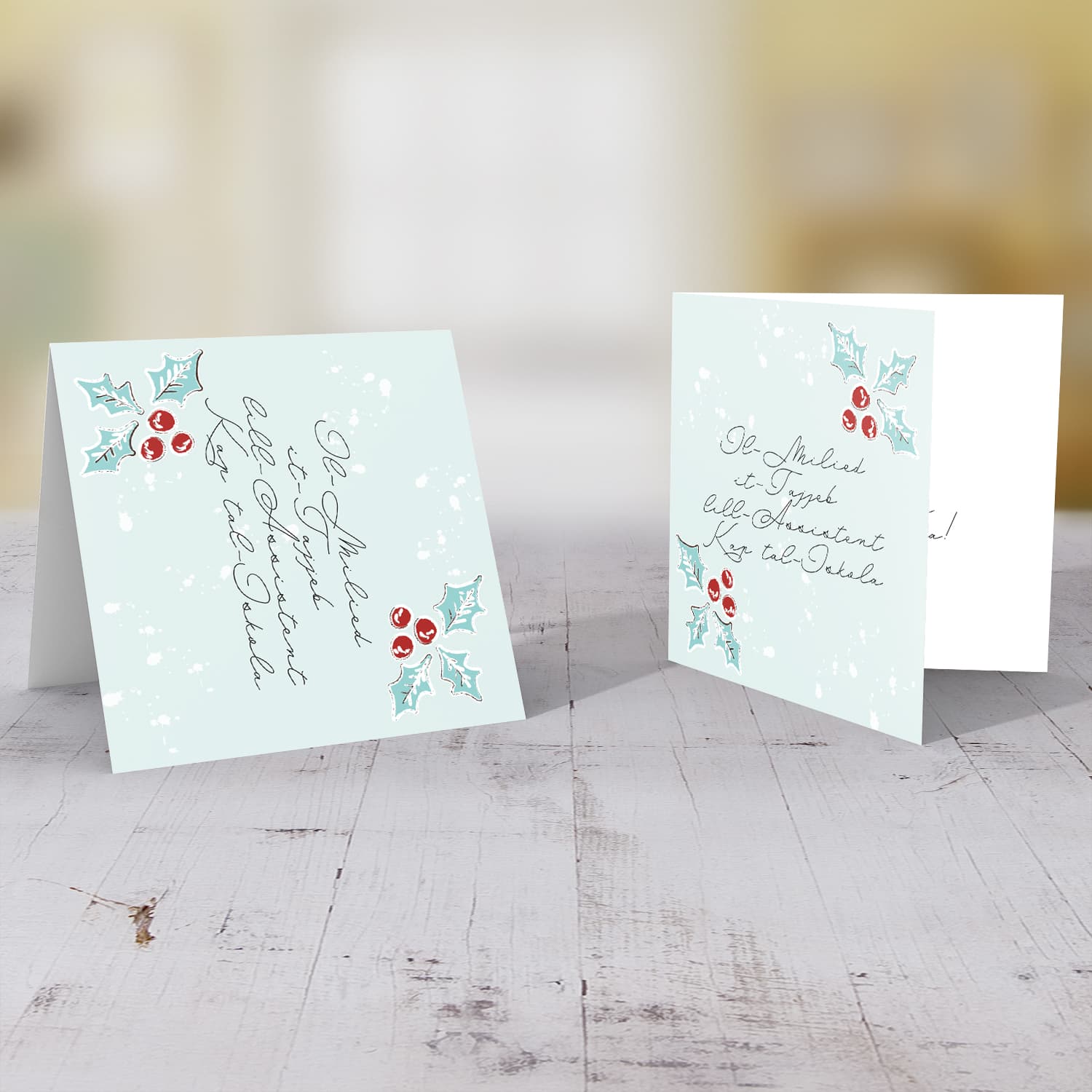 Assistant Head of School - Christmas holly, scattered snow, and light background Christmas card for the Assistant Head of School in Maltese