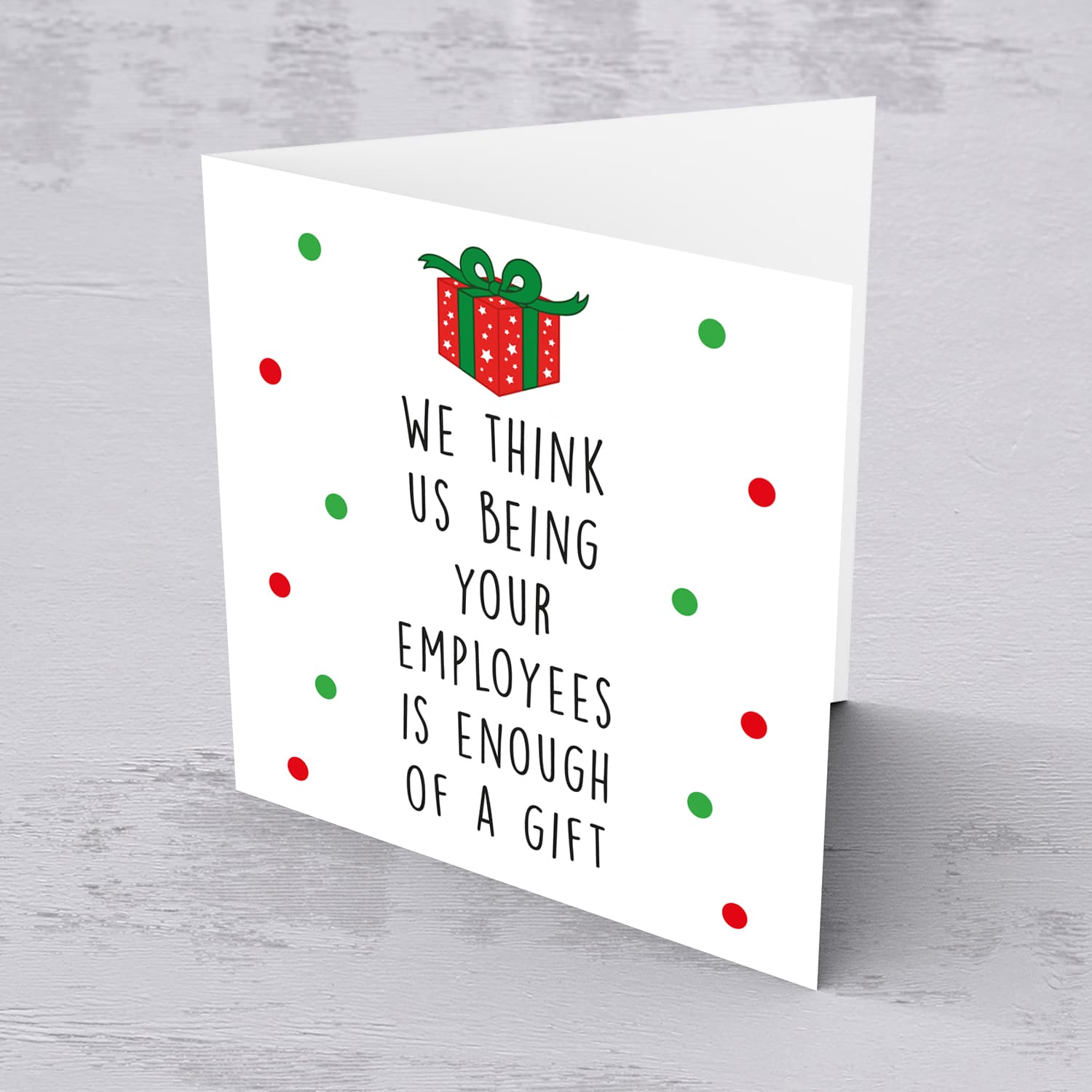 Boss / Manager - Funny Christmas card to Boss / Manager in English with Christmas gift and scattered red and green dots