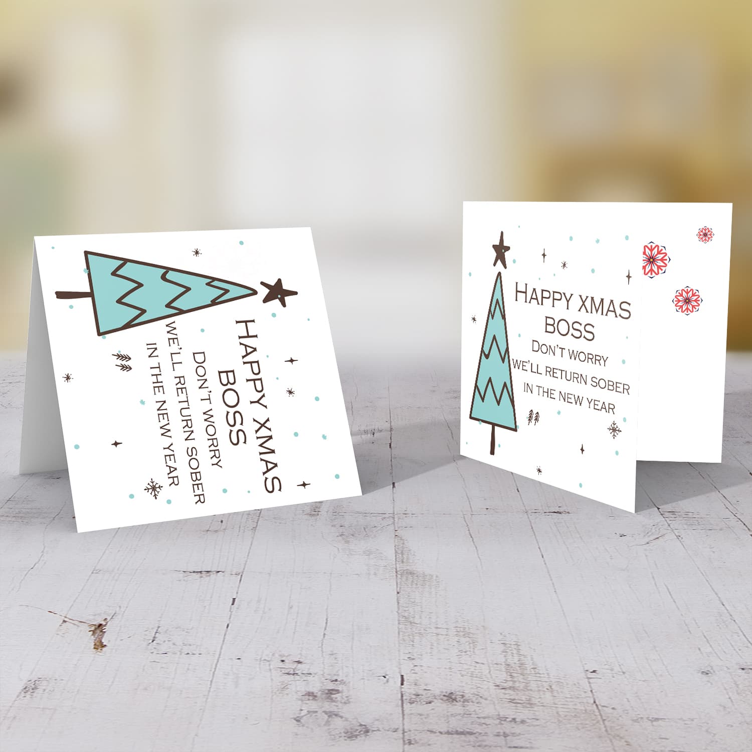 Boss - Funny Christmas card to Boss in English with cute Christmas tree and scattered snowflakes