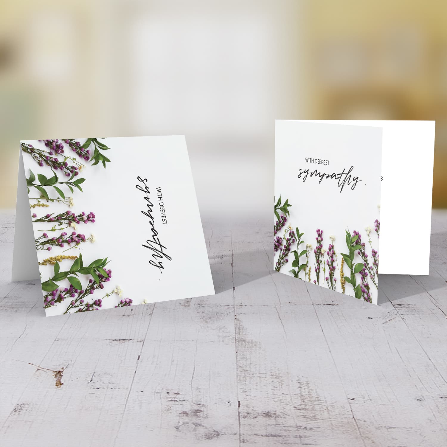 Sympathy card with foliage and flowers background in English