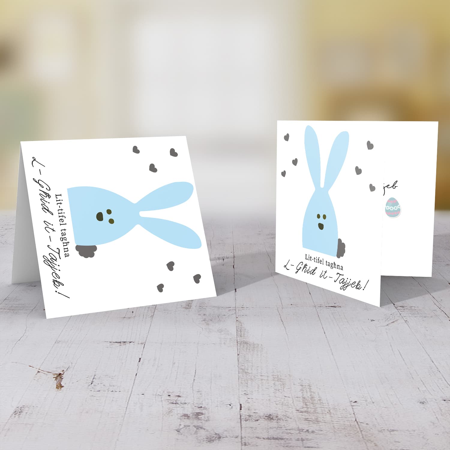 Son - Easter card with blue bunny and scattered hearts in Maltese