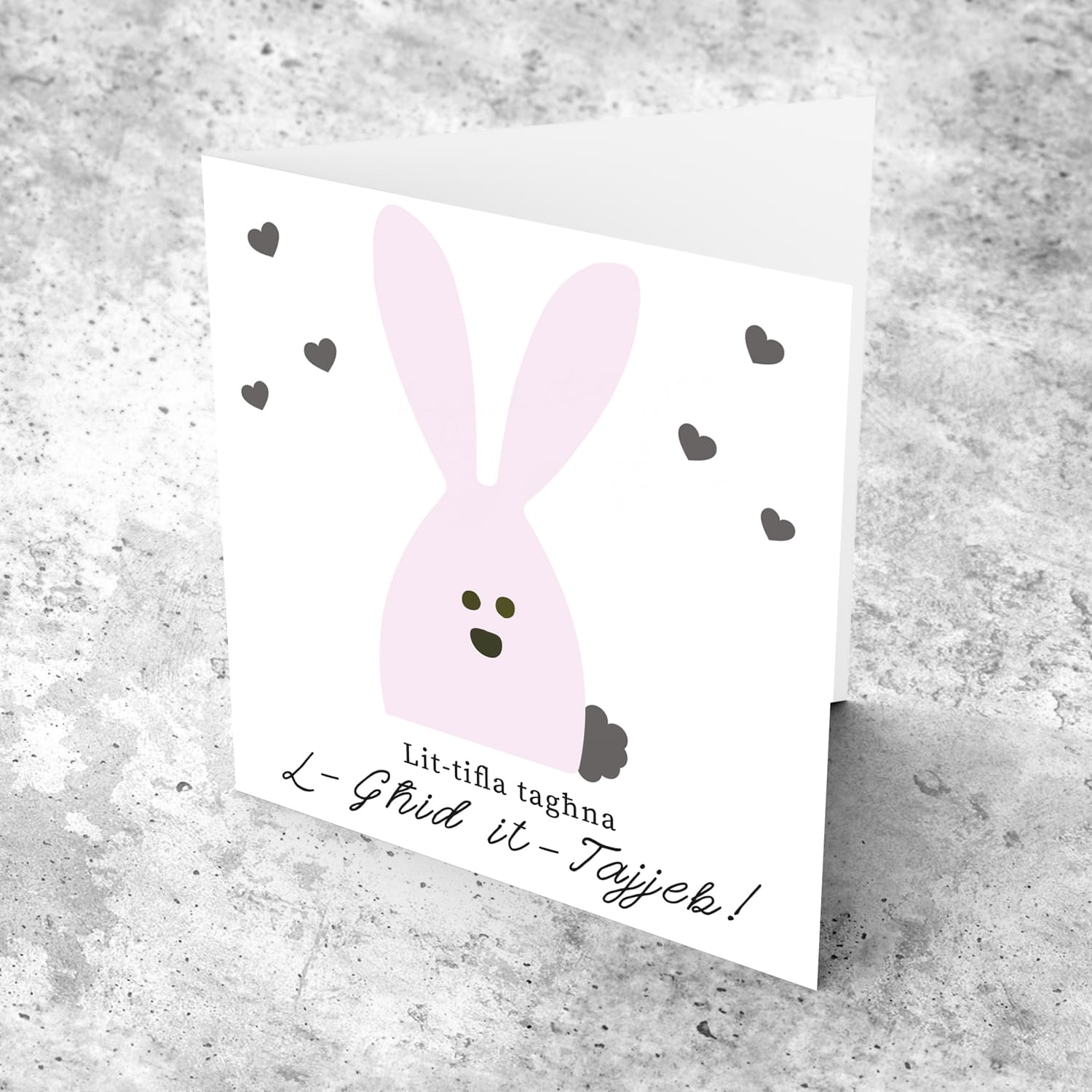 Daughter - Easter card with pink bunny and scattered hearts in Maltese