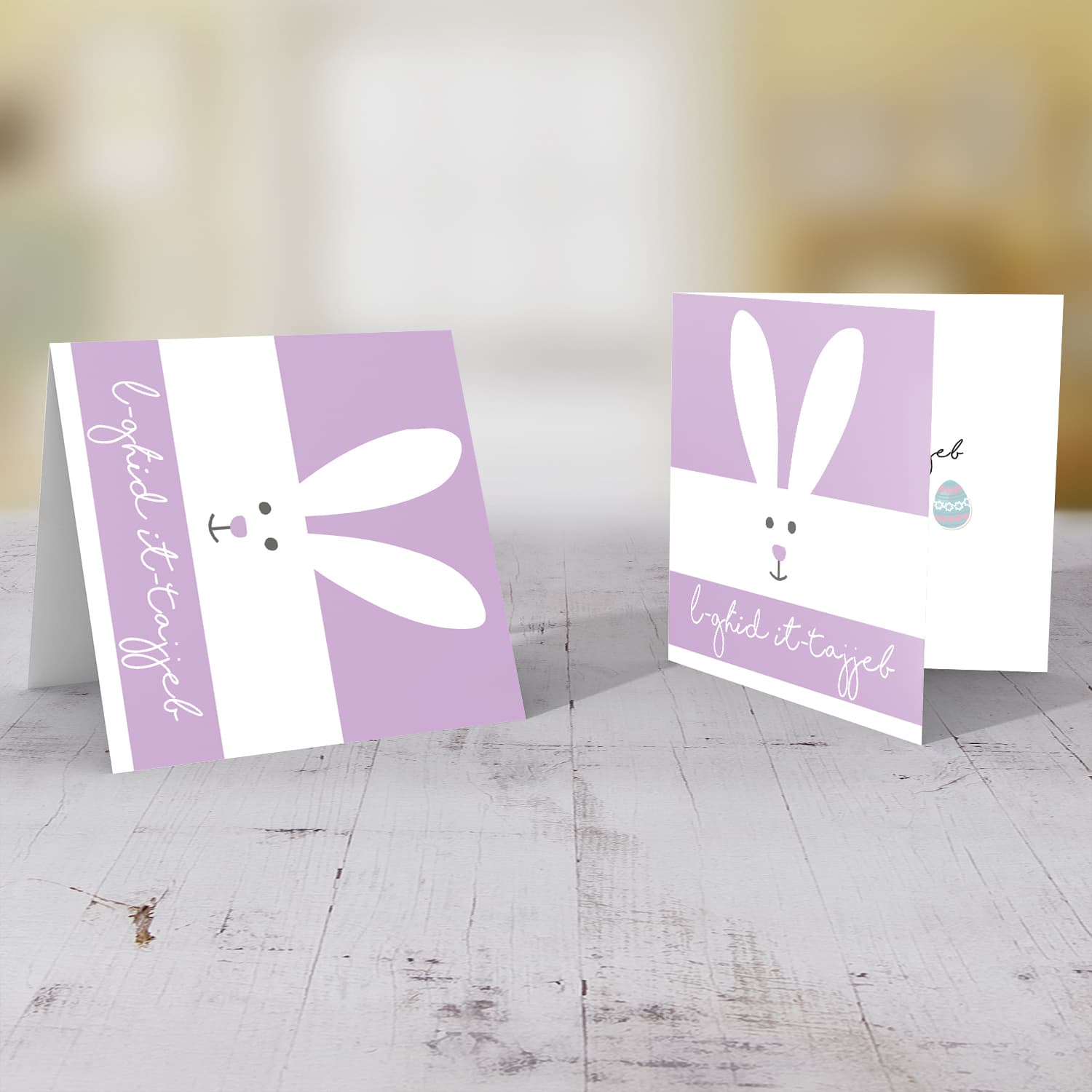 Cute bunny rabbit themed Easter card in Maltese in purple and white