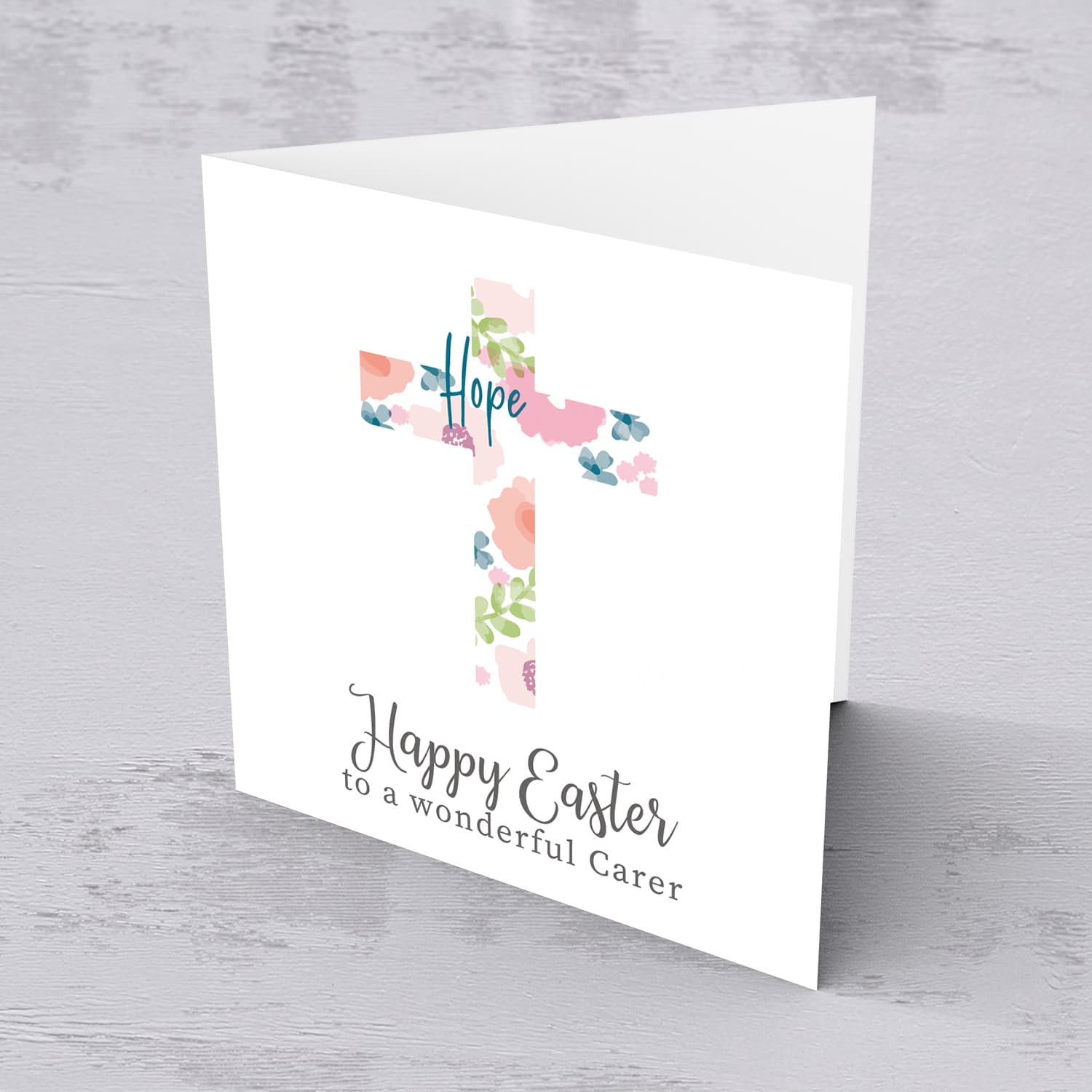 Cross with colourful flowers and hope Easter card for a wonderful carer in English
