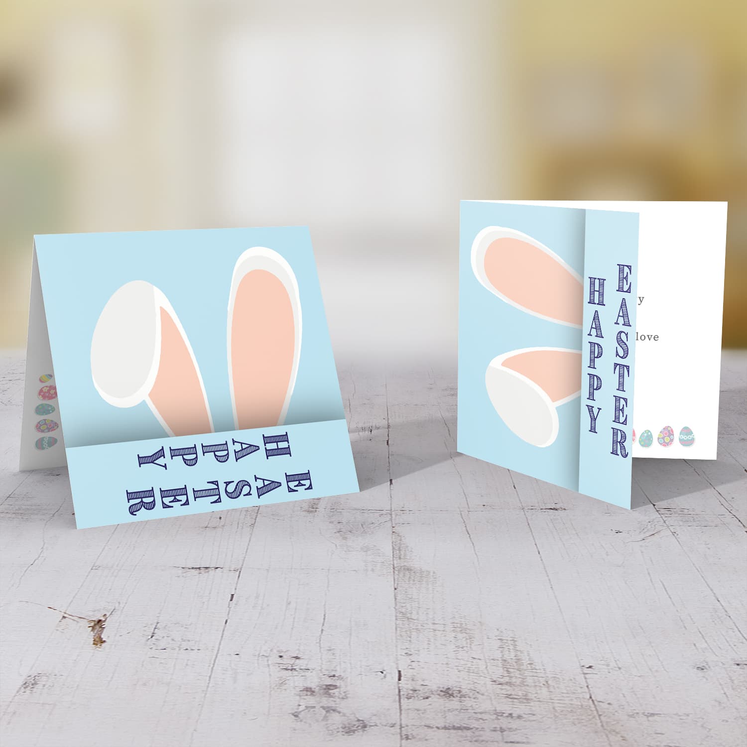 Cute bunny rabbit ears Easter Card with blue background in English