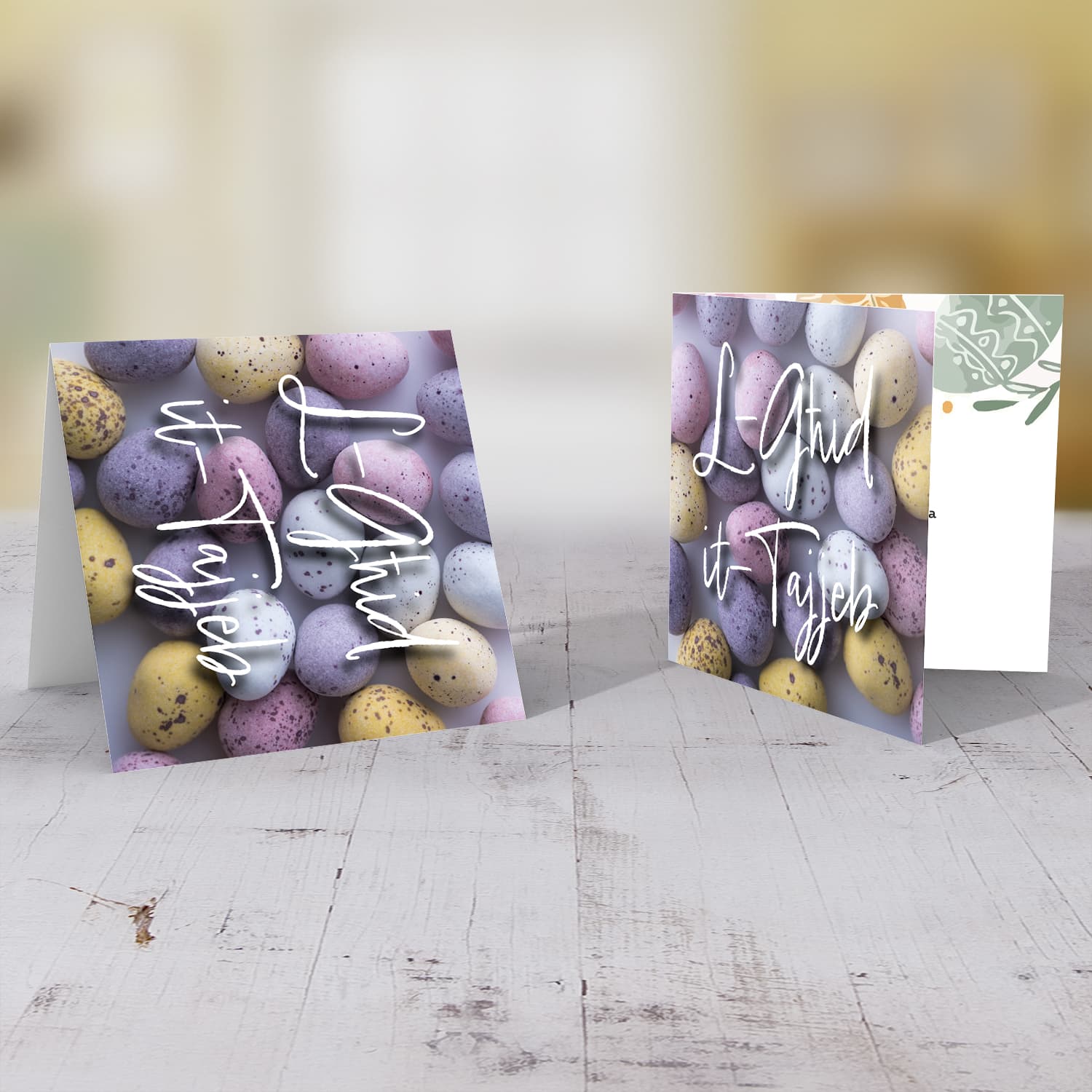 Easter egg themed Easter card purples, pinks and yellows in Maltese