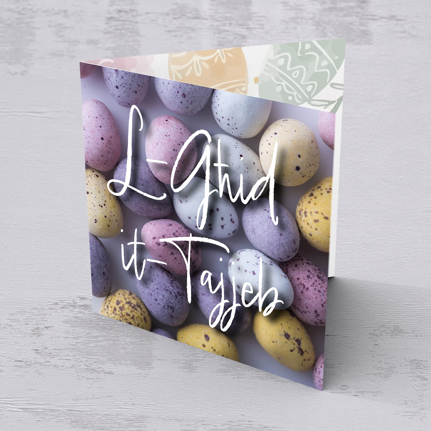 Easter egg themed Easter card purples, pinks and yellows in Maltese