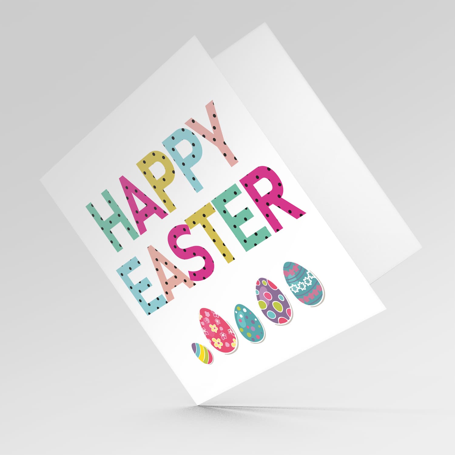 Colourful Easter card with easter eggs in English