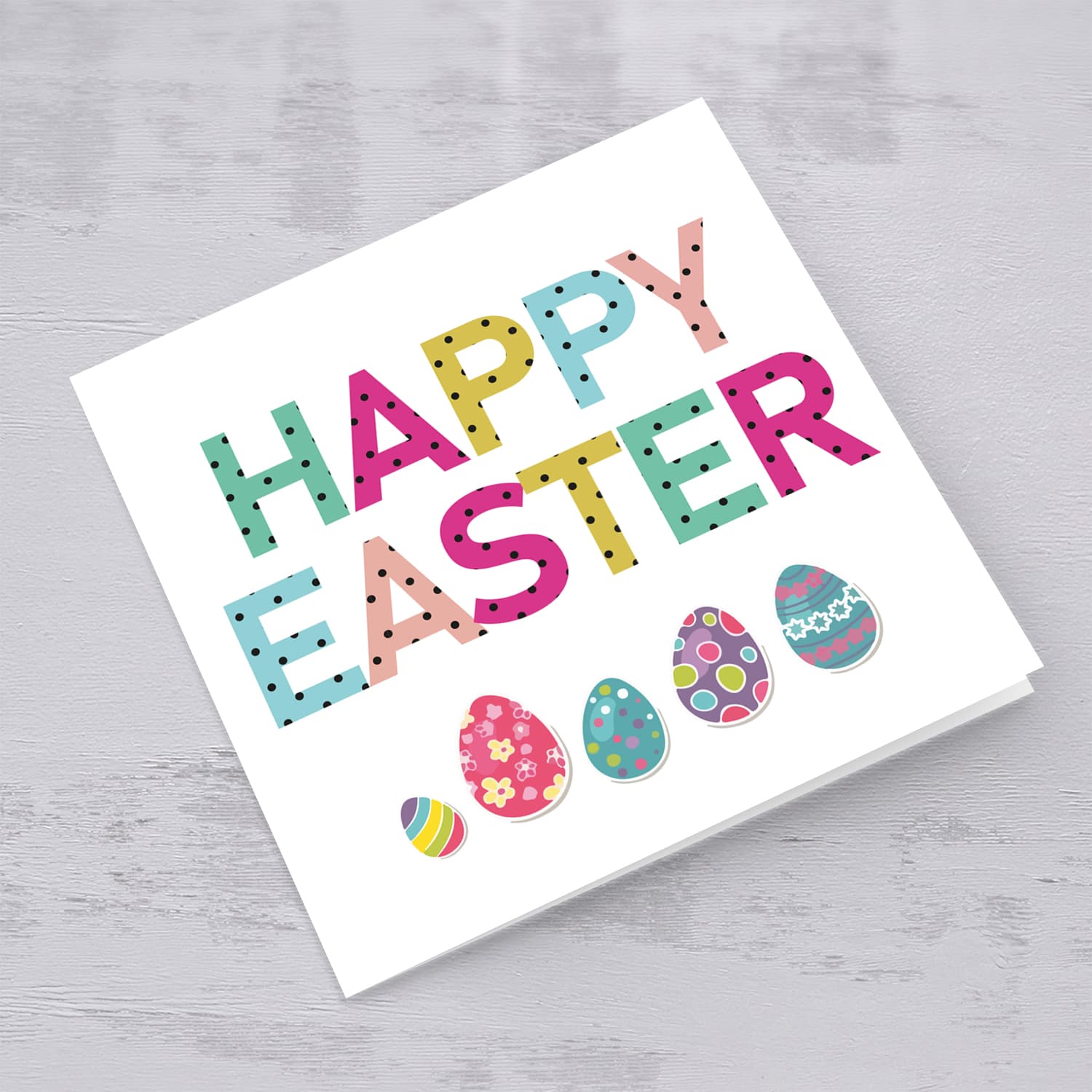 Colourful Easter card with easter eggs in English