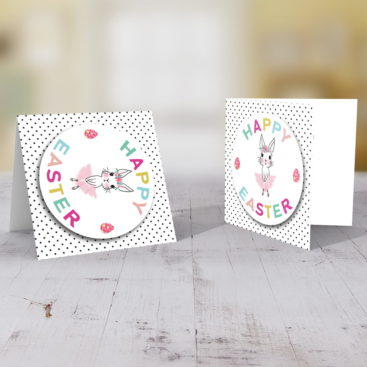 Cute bunny Easter card with colourful text and polka dotted background in English