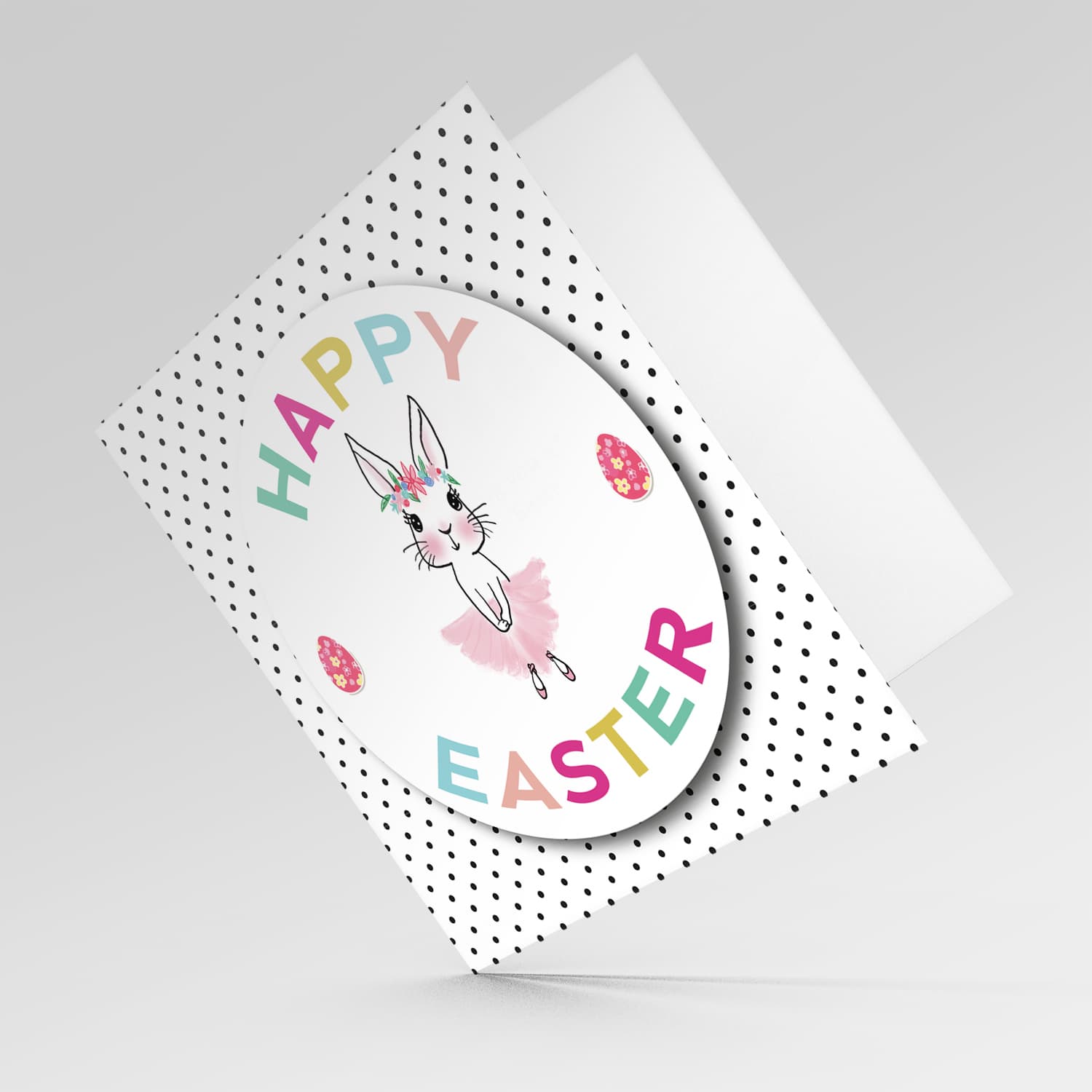 Cute bunny Easter card with colourful text and polka dotted background in English