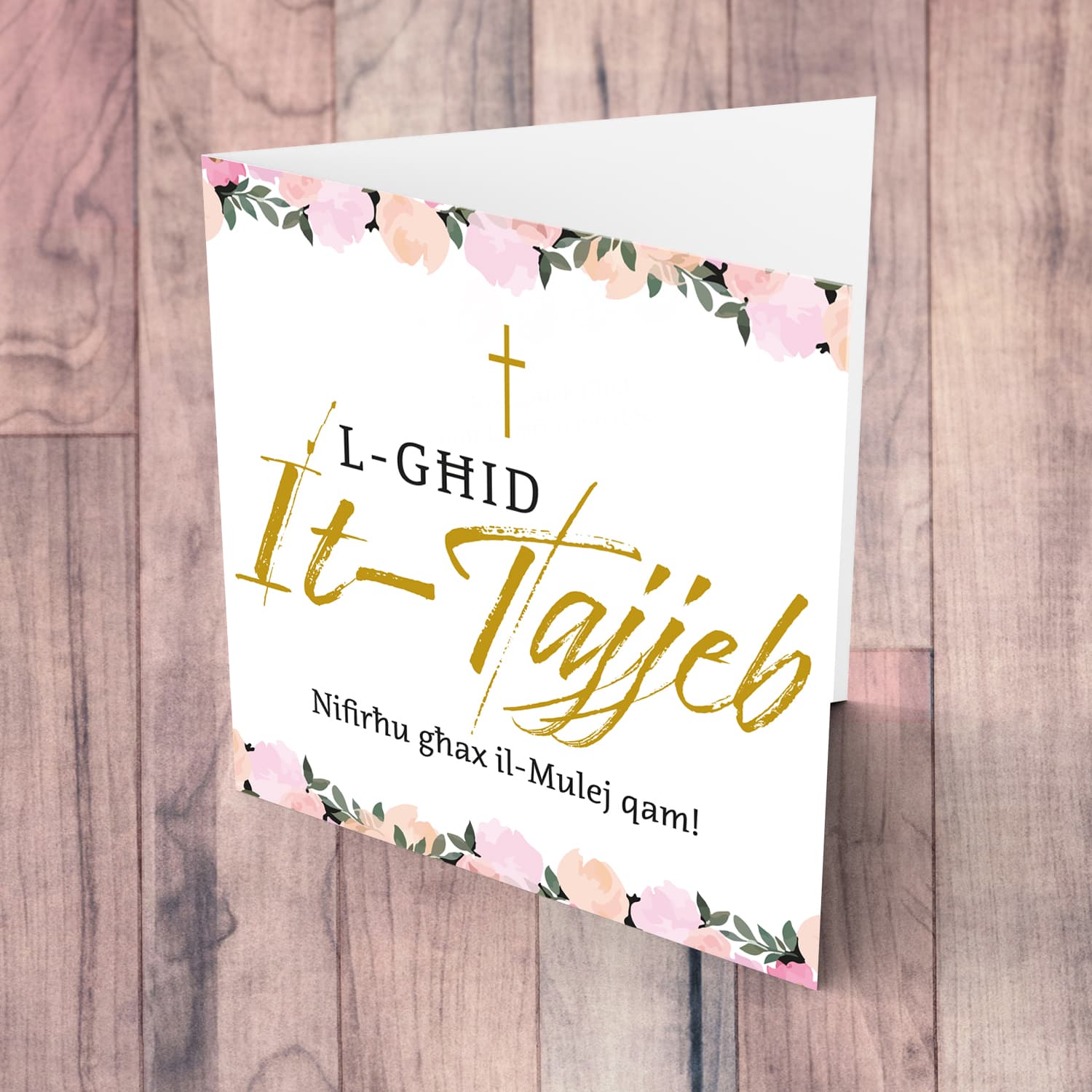 L-Għid it-Tajjeb - Nifirħu għax il-Mulej Qam, Easter Card with florals and cross in Maltese
