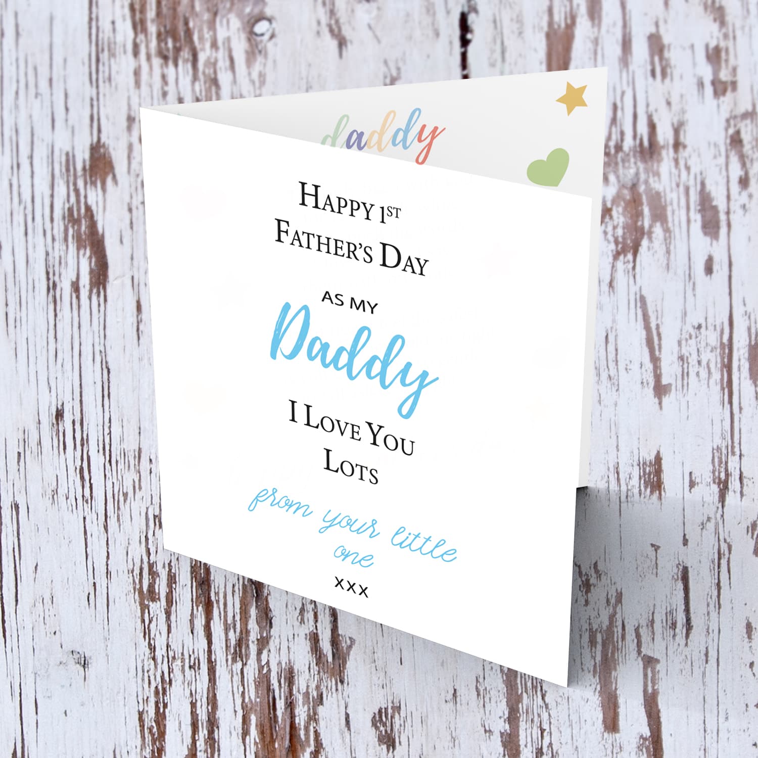 First Father's Day card in with light blue wording (English)