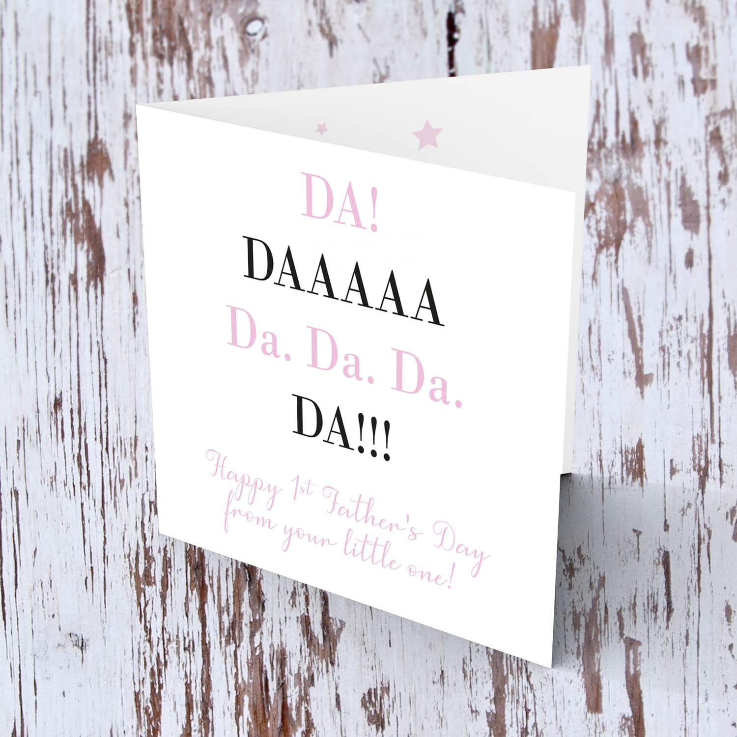 First Father's Day in pink and black wording in English